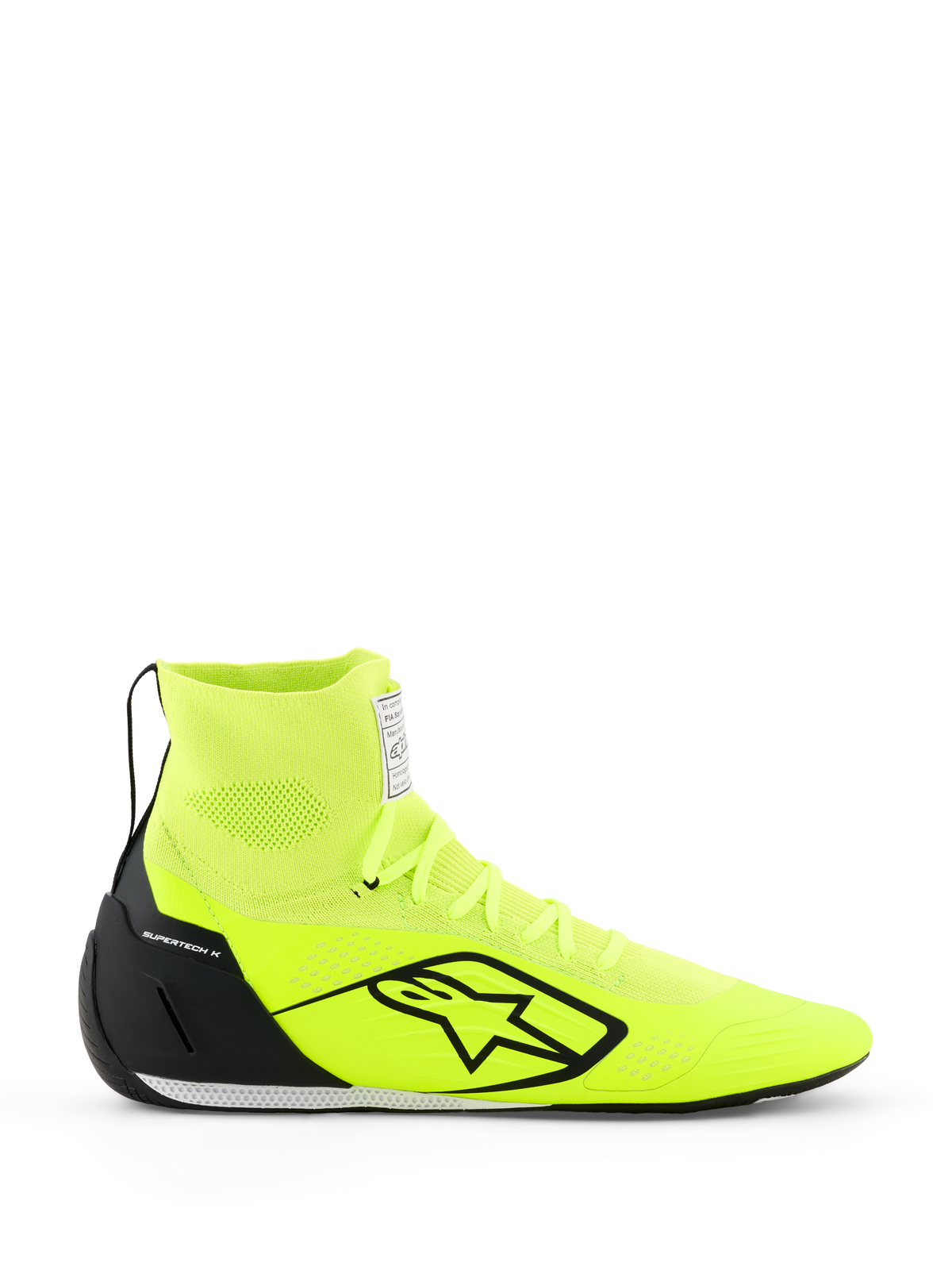 Alpinestars Supertech K Shoes - FIA, Karting Shoes, Yellow Fluo and Black, side profile view, fully knitted upper with high-top ankle collar, black TPU heel counter, large black Alpinestars logo, lightweight racing footwear