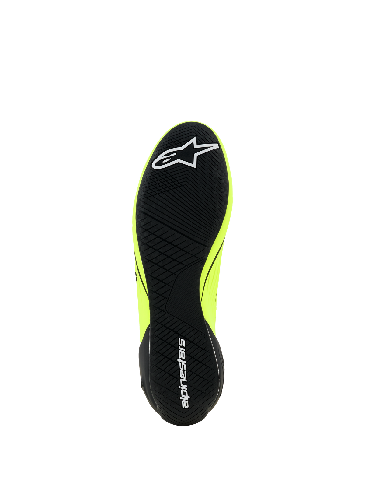 Alpinestars Supertech K Shoes - FIA, Karting Shoes, Yellow Fluo Black and White, outsole view with black asymmetric tread pattern, featuring white star logo on the forefoot and alpinestars text on the heel, thin rubber sole for pedal sensitivity.