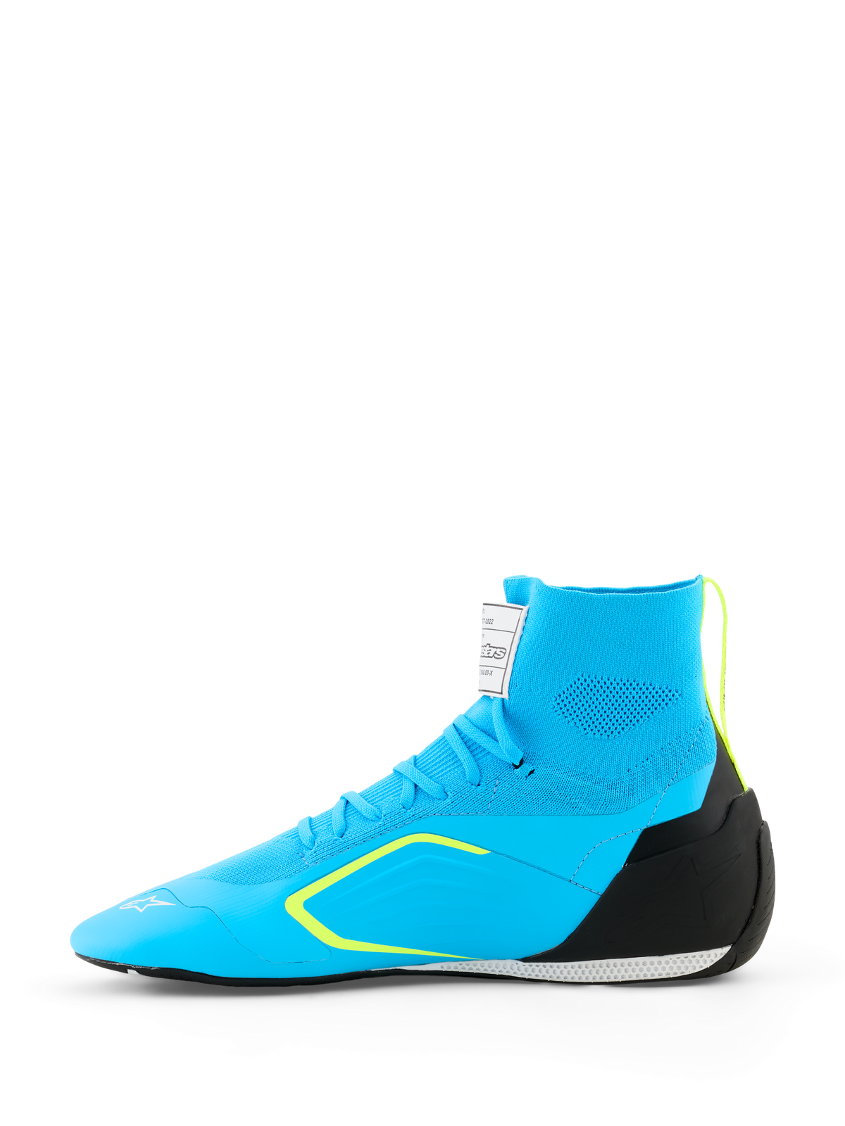 Chaussures Alpinestars Supertech K - FIA, chaussures de karting, bleu clair avec accents noir et jaune fluo, vue latérale présentant une tige tricotée, un contrefort de talon en TPU et une semelle de course fine