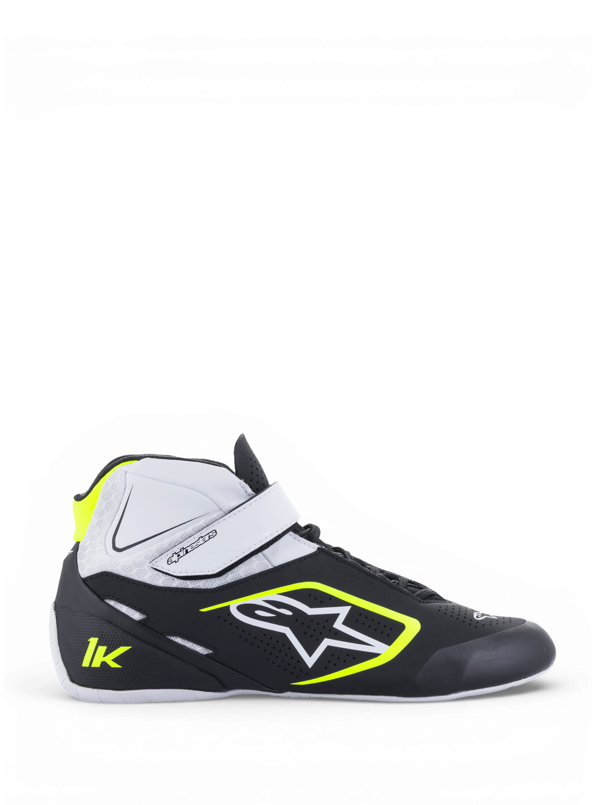 Alpinestars chaussures Tech-1 K V2, chaussures de karting pour homme, noires, blanches et jaune fluo, construction en microfibre légère, double système de fermeture avec sangle auto-agrippante, semelle en caoutchouc spécification Formule 1, vue de profil
