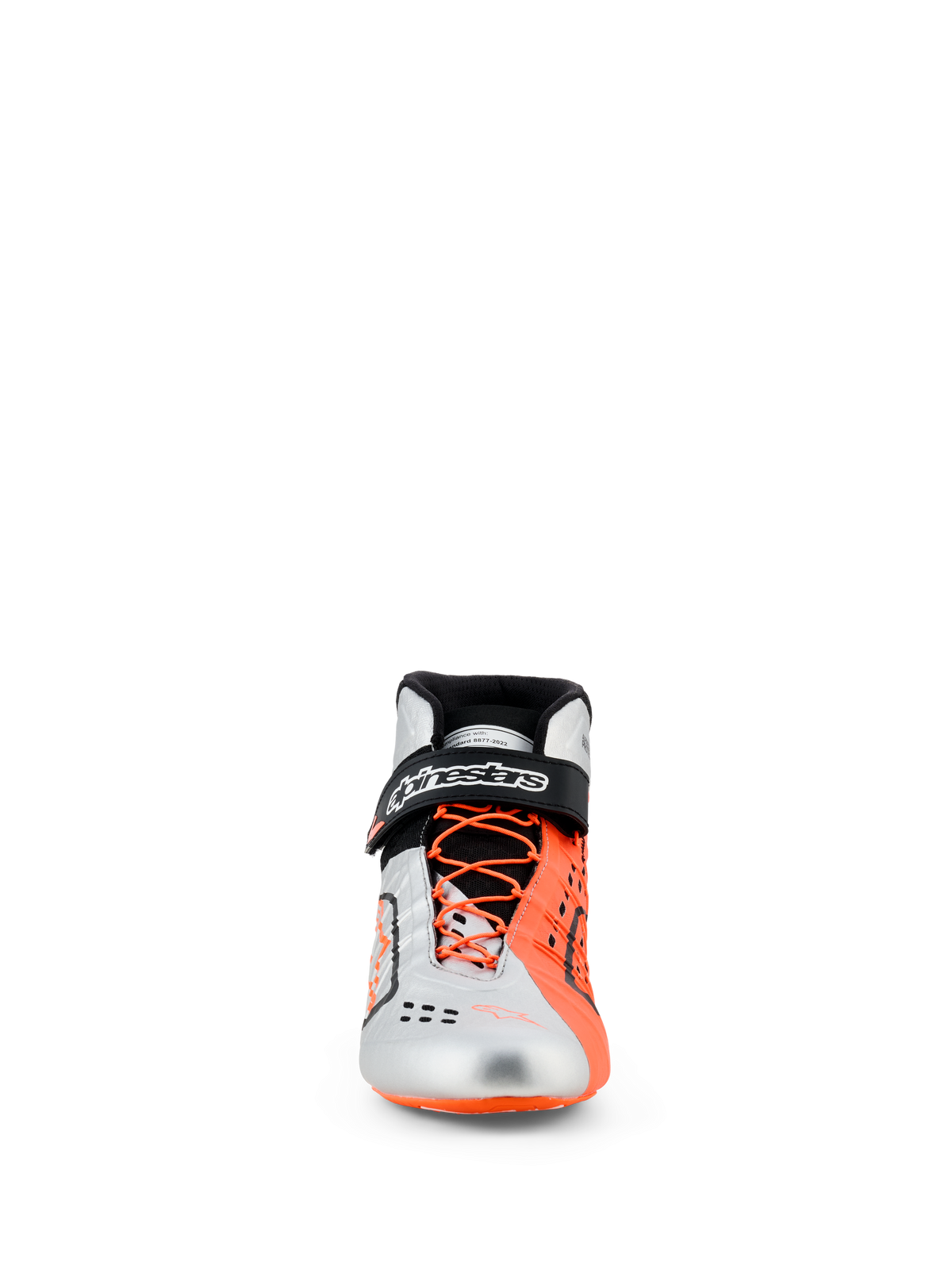 Chaussures Alpinestars Tech-1 KX V3, chaussures de karting, noir, argent et orange fluo, vue de face, tige argentée et orange fluorescent, lacets orange asymétriques, sangle de cheville noire avec logo blanc, chaussures de course profilées certifiées FIA