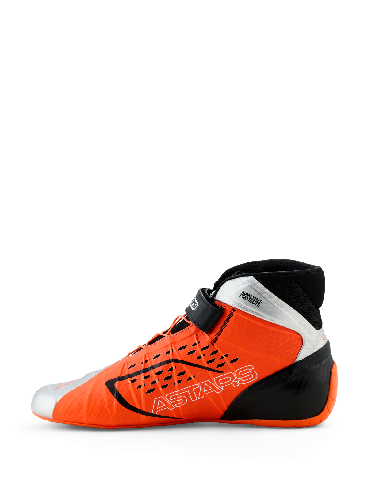 Chaussures Alpinestars Tech-1 KX V3, chaussures de karting, orange fluo, noir et argent, vue de profil, avec le logo ASTARS sur le côté, sangle de cheville réglable et design aérodynamique épuré pour la course professionnelle