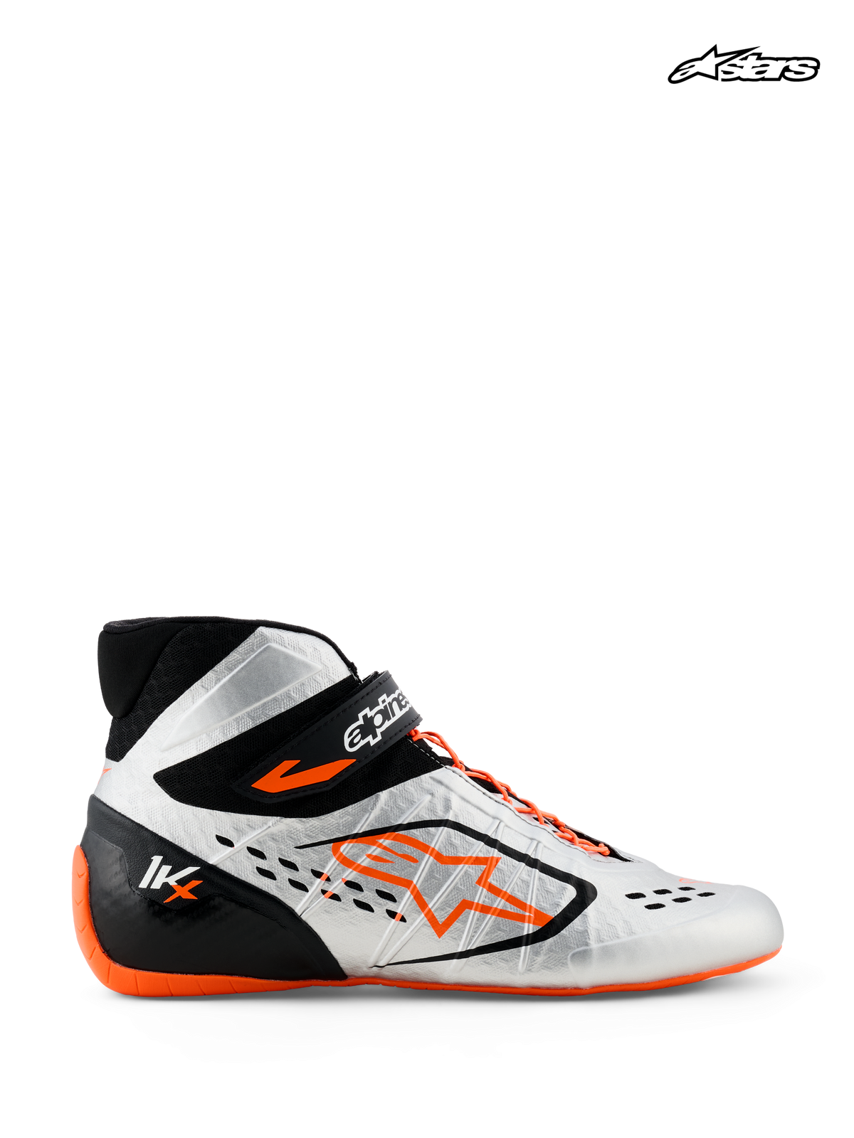 Alpinestars Chaussures Tech-1 KX V3 - FIA, chaussures de karting pour homme, noires, argentées et orange fluo, vue de profil montrant la construction thermo-soudée légère, le laçage asymétrique et l'homologation FIA