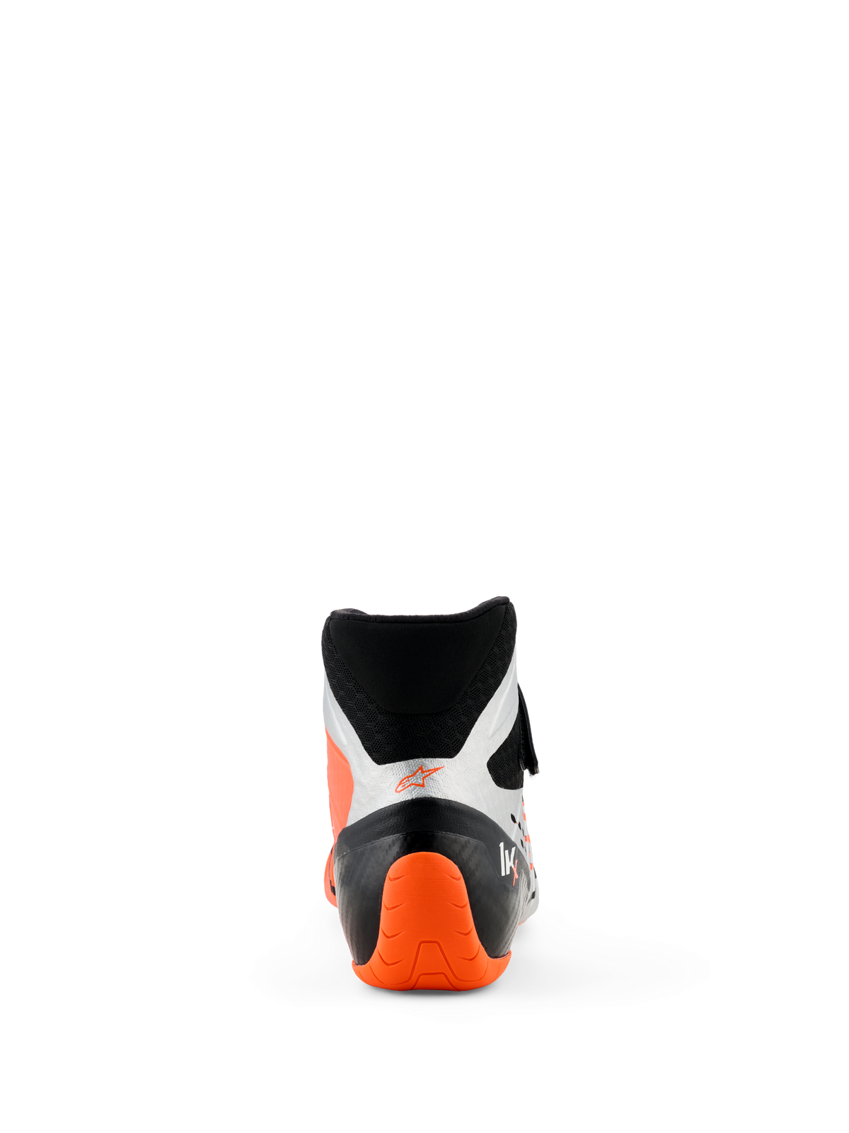 Chaussures Alpinestars Tech-1 KX V3, chaussures de karting, noir, argent et orange fluo, vue arrière présentant le talon texturé orange vif et les panneaux latéraux argentés, design montant pour la course professionnelle