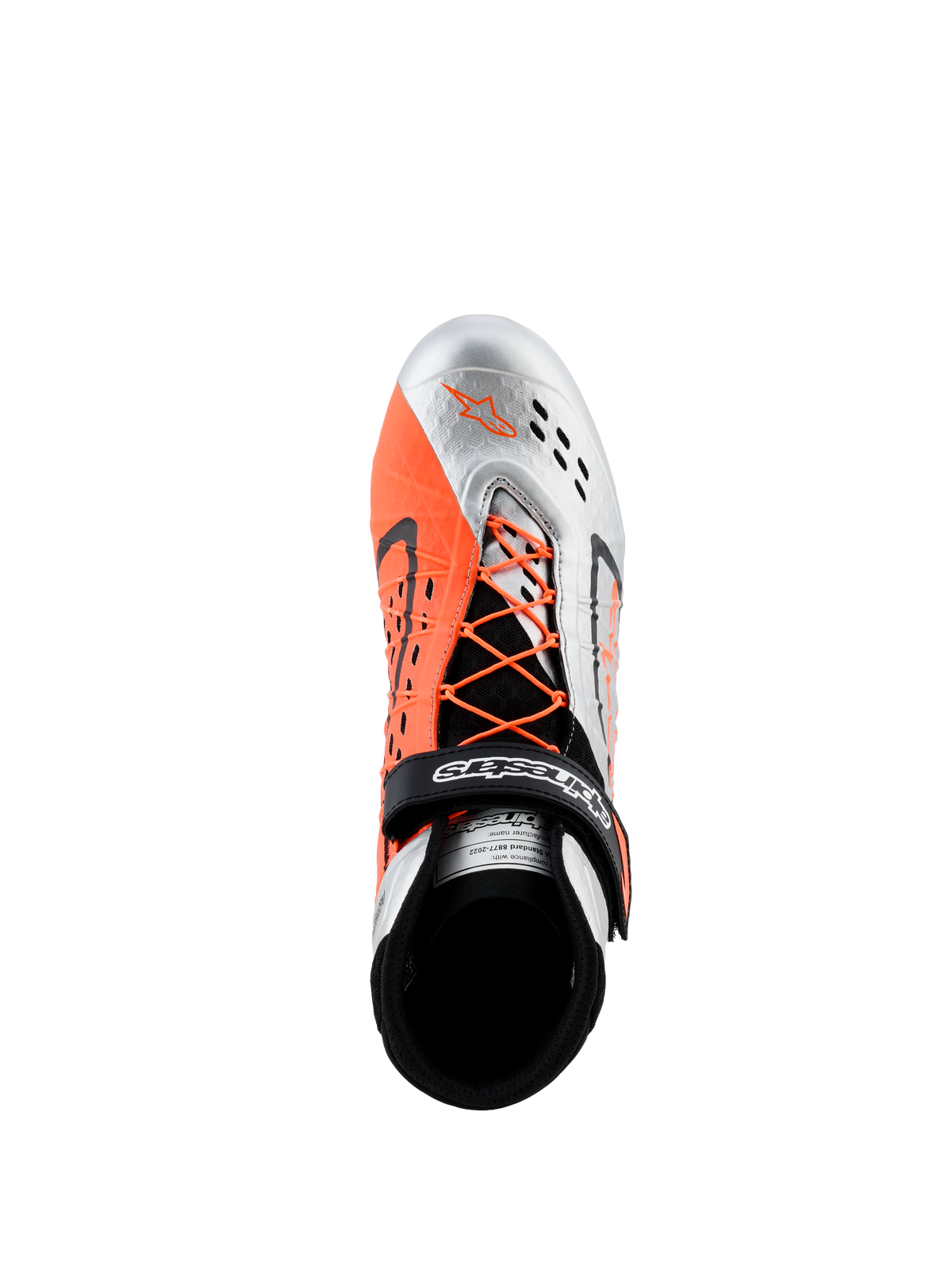 Chaussures Alpinestars Tech-1 KX V3 - FIA, chaussures de karting, noir, argent et orange fluo, vue de dessus montrant un laçage asymétrique avec des lacets orange, une sangle Velcro avec logo et des perforations respirantes découpées au laser sur le bout argenté.