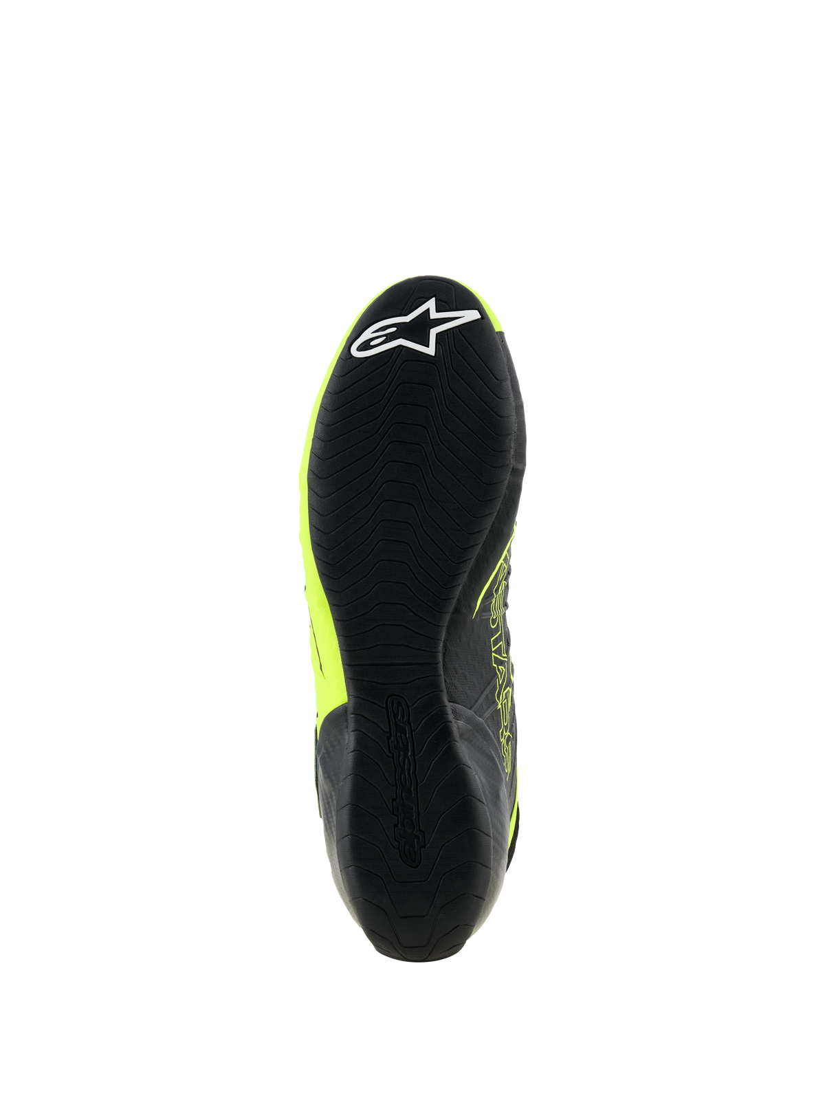 Alpinestars Tech-1 KX V3 Shoes, Karting Shoes, Black and Yellow Fluo, bottom view of the thin rubber sole with textured grip pattern and white star logo on the heel, designed for motorsport performance.