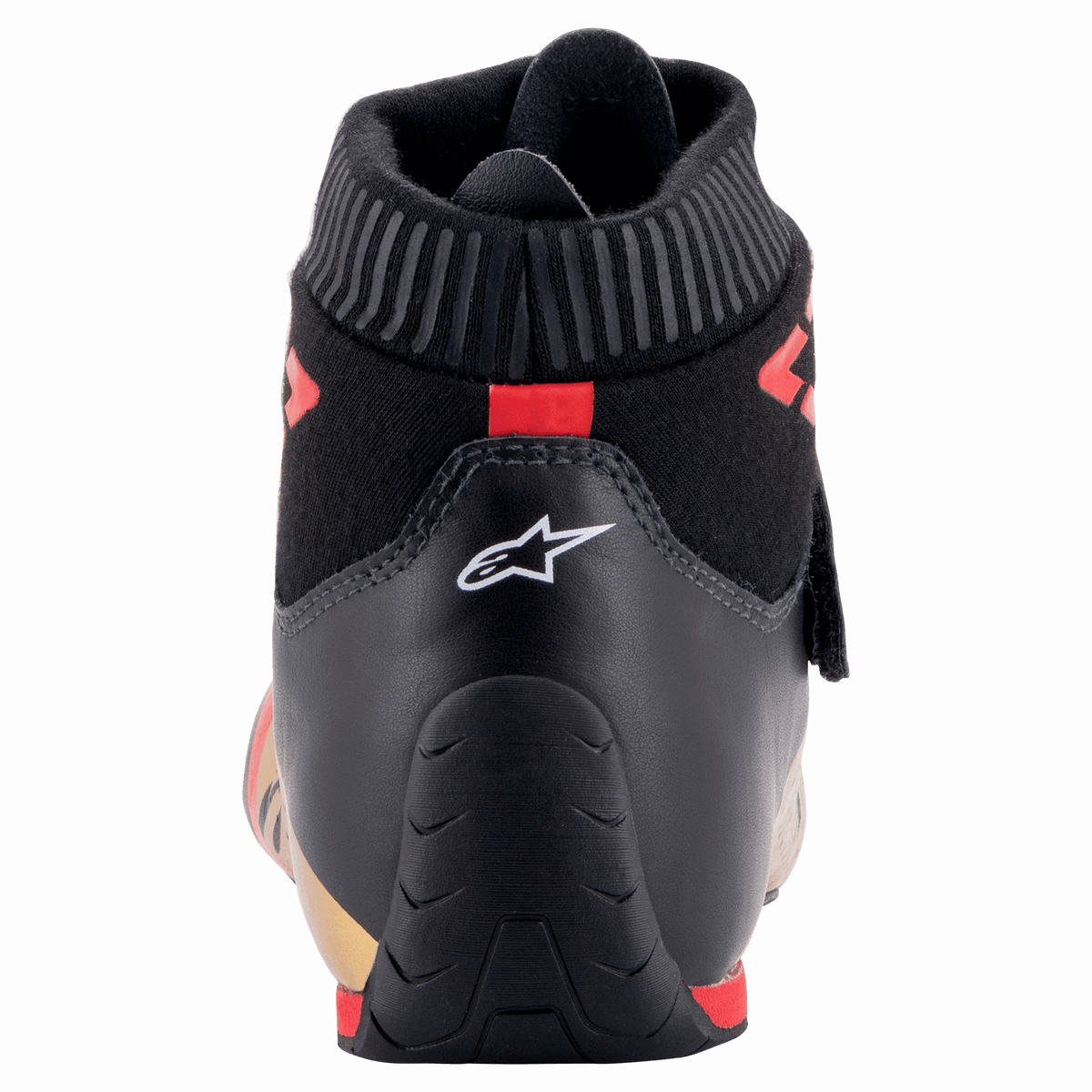 Chaussures Alpinestars Supermono V2 FIA, vue arrière du talon de la chaussure de course, noires avec logo étoile blanc et accents rouges, dotées d'un col ignifugé côtelé et d'une construction en cuir profilée