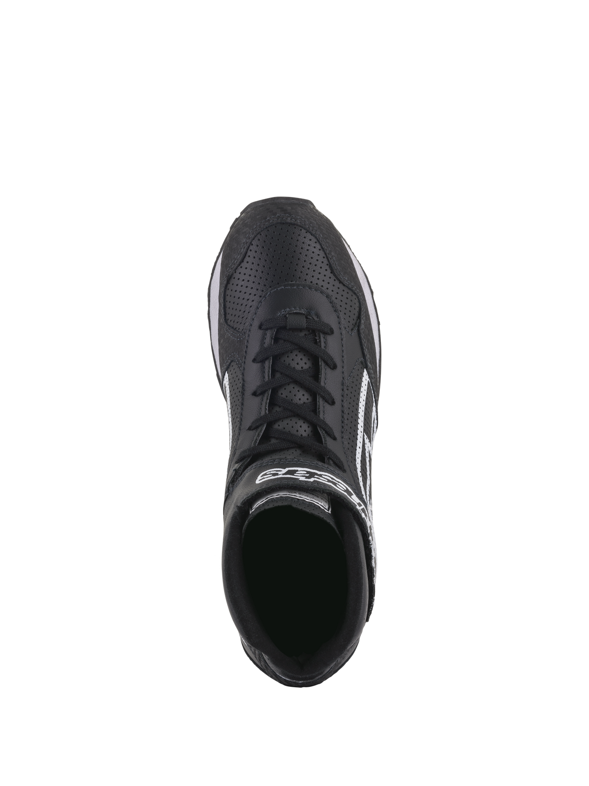 Chaussures Alpinestars Radar, chaussures pour équipe de stand de course automobile, noir et blanc, vue de dessus mettant en évidence la tige en cuir perforé, système de fermeture double avec lacets et sangle velcro, logo Alpinestars blanc, conception robuste pour les arrêts aux stands professionnels
