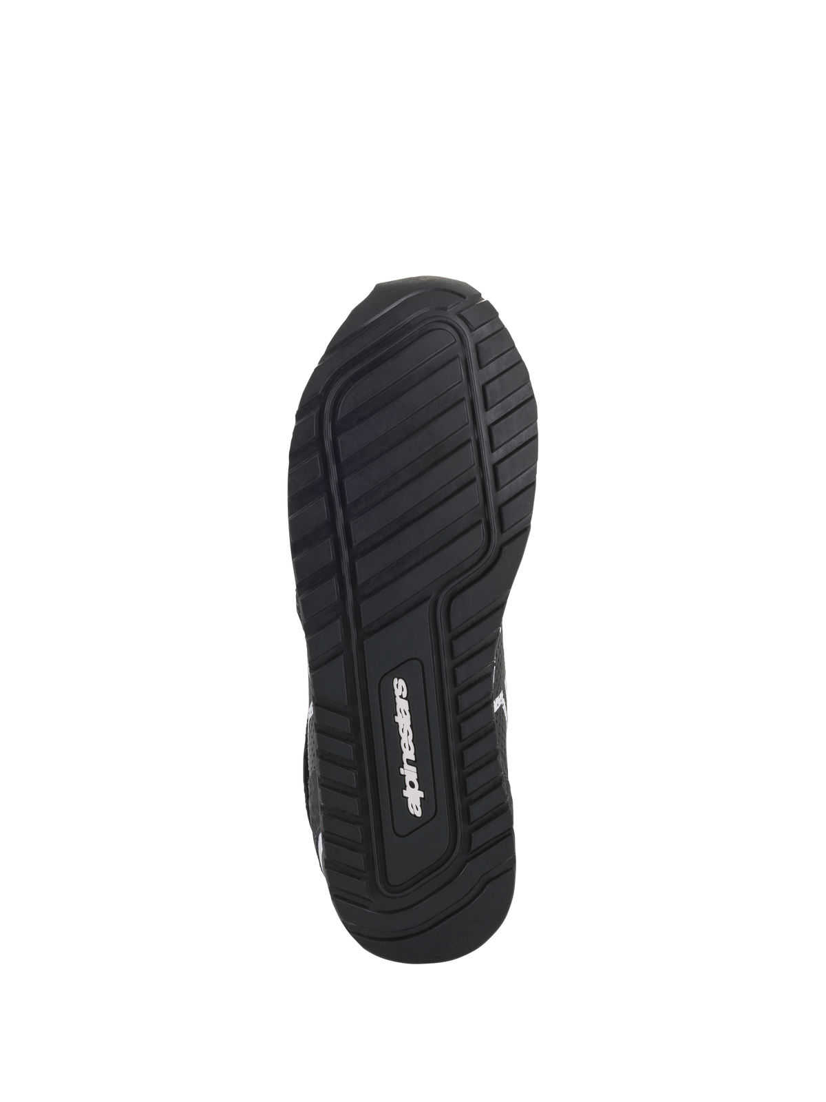Chaussures Alpinestars Radar, noir et blanc, vue de dessous montrant la semelle exclusive en composé de caoutchouc avec motif de bande de roulement texturé pour l'adhérence et la stabilité, avec le logo Alpinestars au centre.
