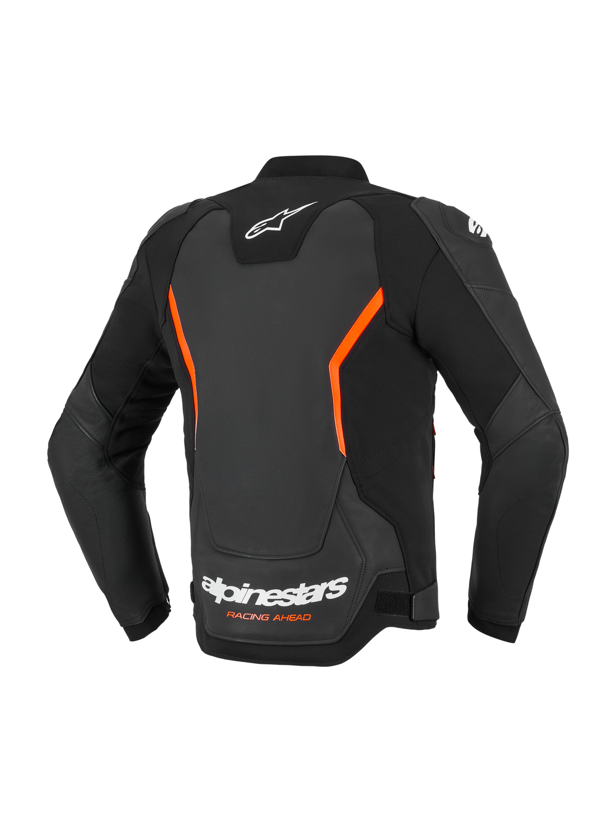 Veste en cuir Alpinestars GP Force V2, veste de moto en cuir, noir et rouge fluo, vue arrière avec logos Alpinestars blancs et texte Racing Ahead orange, accents angulaires rouge fluo, construction multi-panneaux avec manches pré-courbées