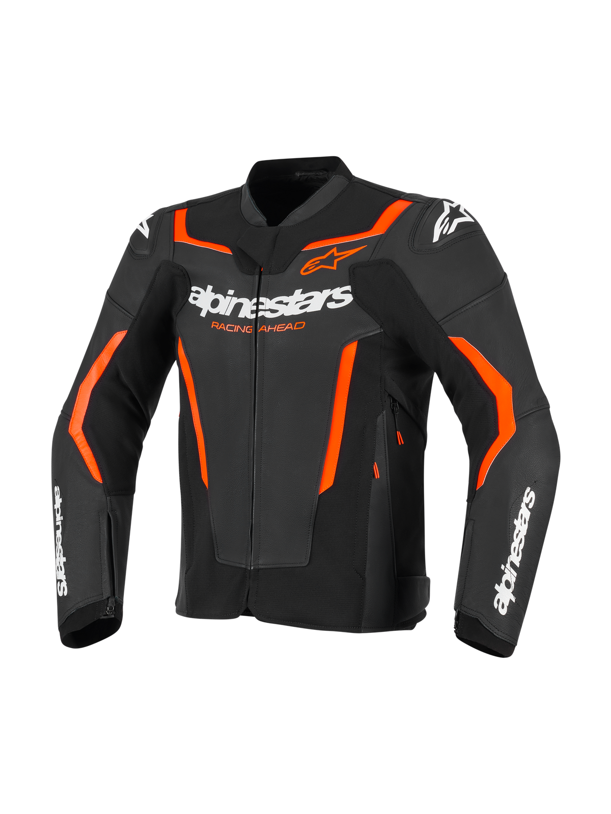 Alpinestars GP Force V2 Leather Jacket, veste de moto sport, noir et rouge fluo, avec marquage Alpinestars blanc et accents orange-rouge vifs, construction en cuir professionnel avec une coupe sportive