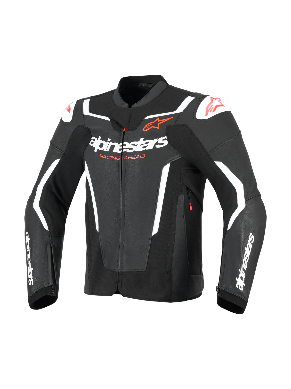 Blouson en cuir Alpinestars GP Force V2, blouson de moto sport, noir et blanc, avec logo Alpinestars blanc sur la poitrine et les manches, logos étoiles rouges et sliders d'épaule externes, design en cuir inspiré de la course professionnelle.