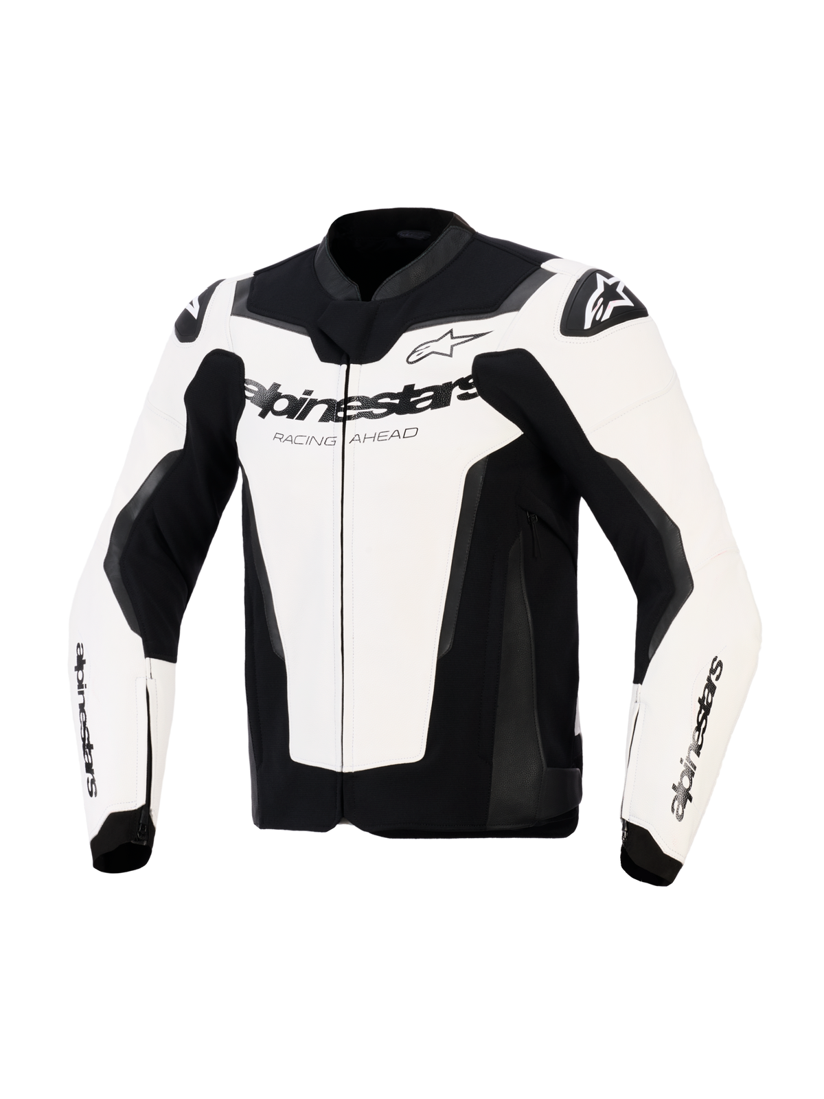 Alpinestars GP Force V2 Leather Jacket, Sport Motorcycle Jacket, White and Black, featuring Alpinestars branding and "Racing Ahead" text on the chest, multi-panel leather construction with padded shoulders and sleek racing profile