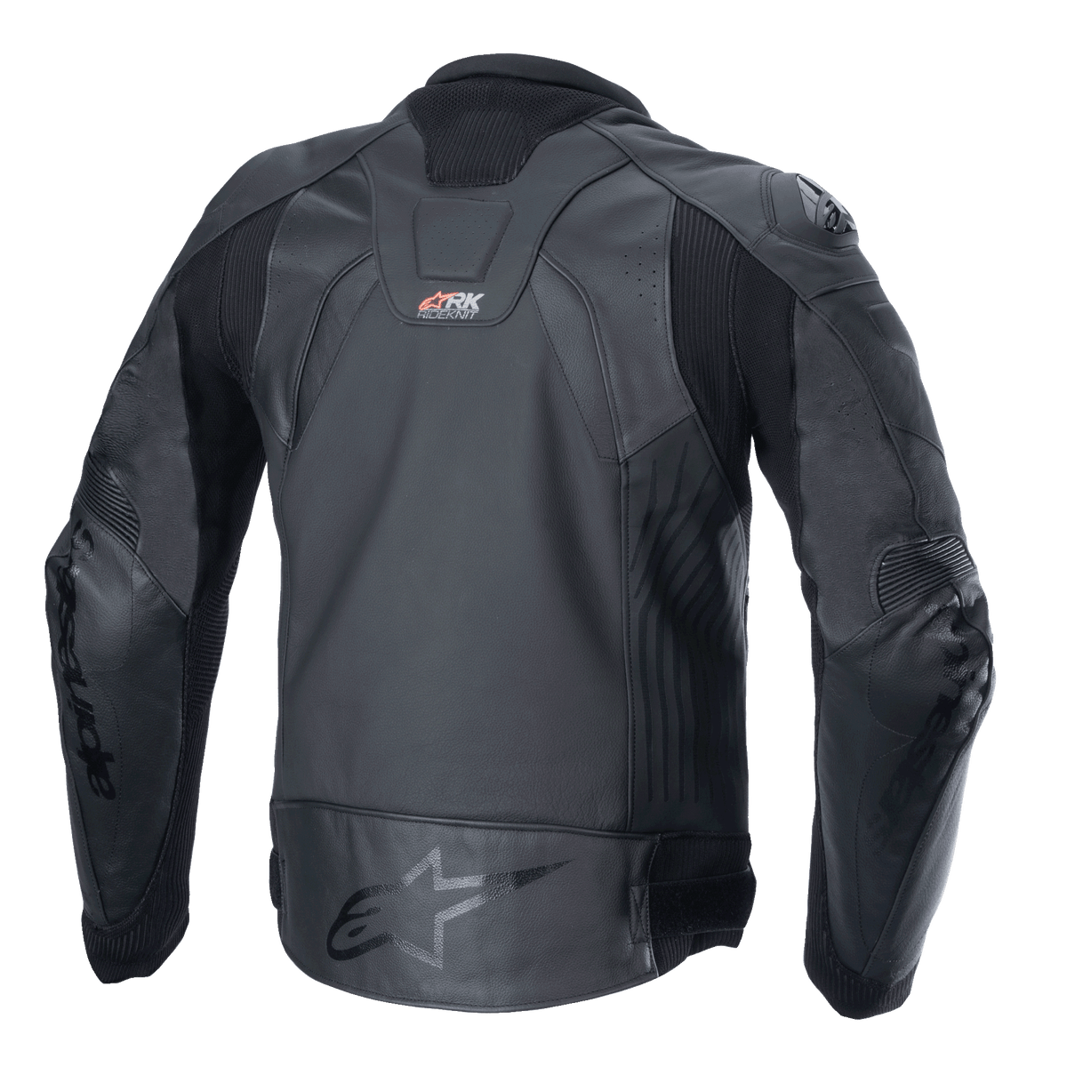 Veste en cuir Alpinestars GP Plus R V4 Rideknit, noire, vue arrière montrant la construction technique en cuir, les panneaux extensibles RIDEKNIT et le logo Alpinestars sur le bas du dos.