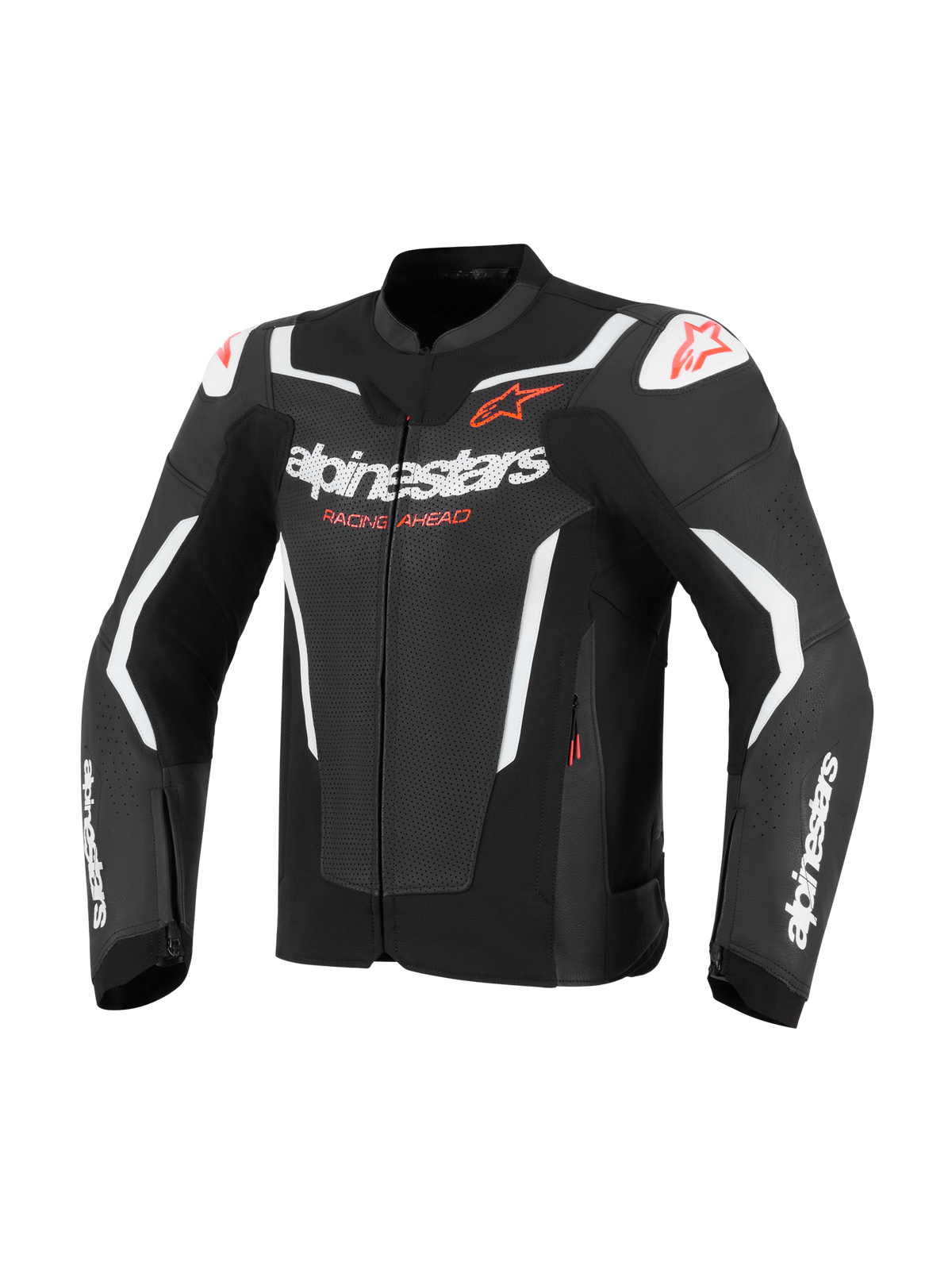 Blouson en cuir Alpinestars GP Force V2 Air, veste de moto, noir et blanc avec des touches de rouge, comprenant des panneaux en cuir perforé pour la circulation de l'air, logos Alpinestars blancs et texte « Racing Ahead », sliders d'épaule DFS, design de course athlétique