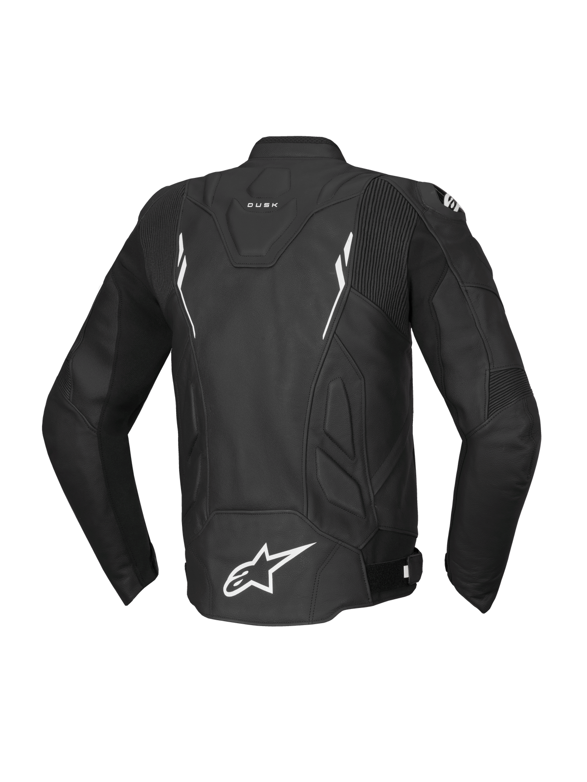 Alpinestars Dusk, veste de moto racing pour homme, noire et blanche, en cuir de bovin, compatible Tech-Air, vue de dos