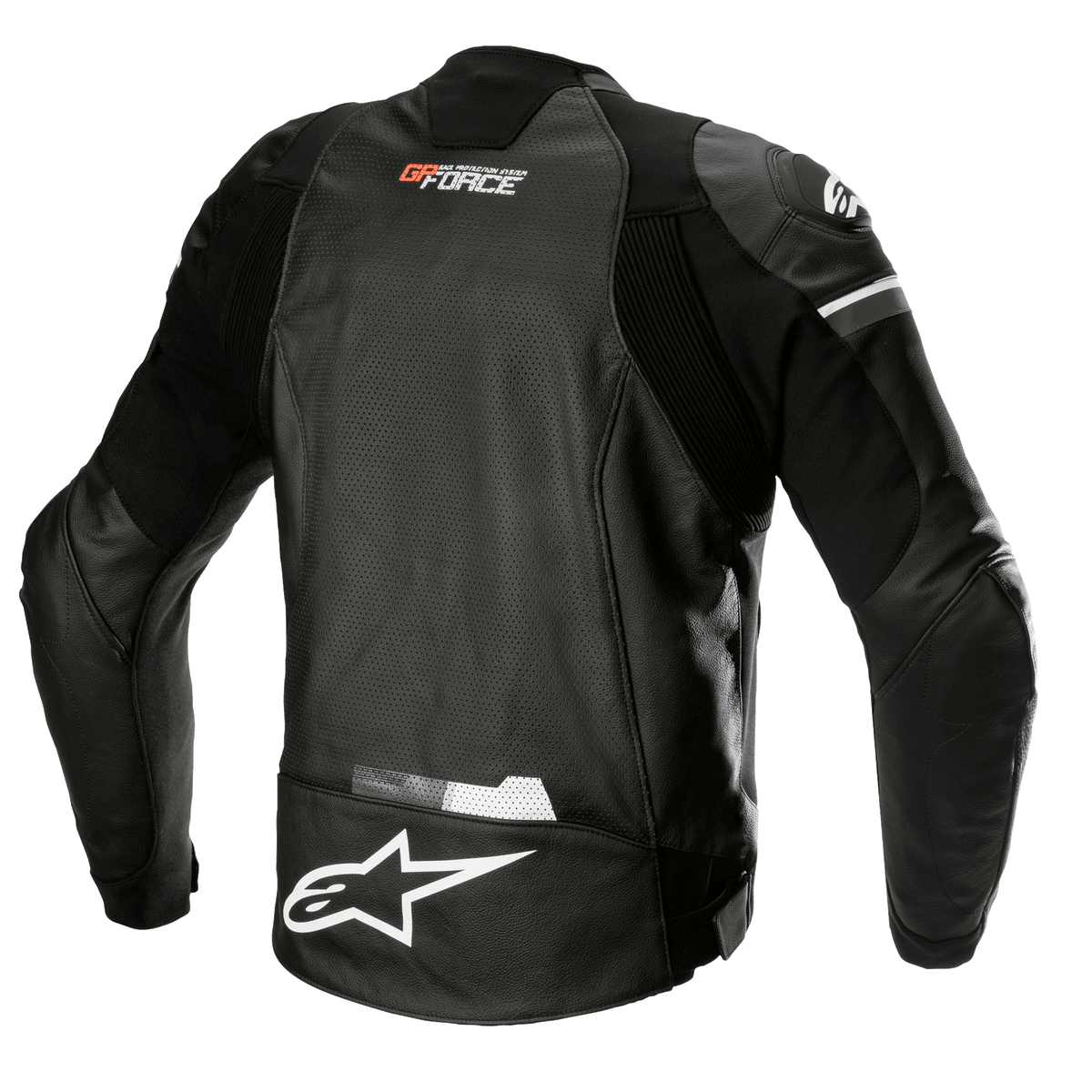 Veste en cuir Alpinestars GP Force Airflow, noire, vue de dos présentant le cuir de buffle perforé pour la ventilation, marquage GP Force sur le col, grand logo étoile Alpinestars blanc sur le bas du dos et panneaux extensibles intégrés pour une coupe de conduite sportive