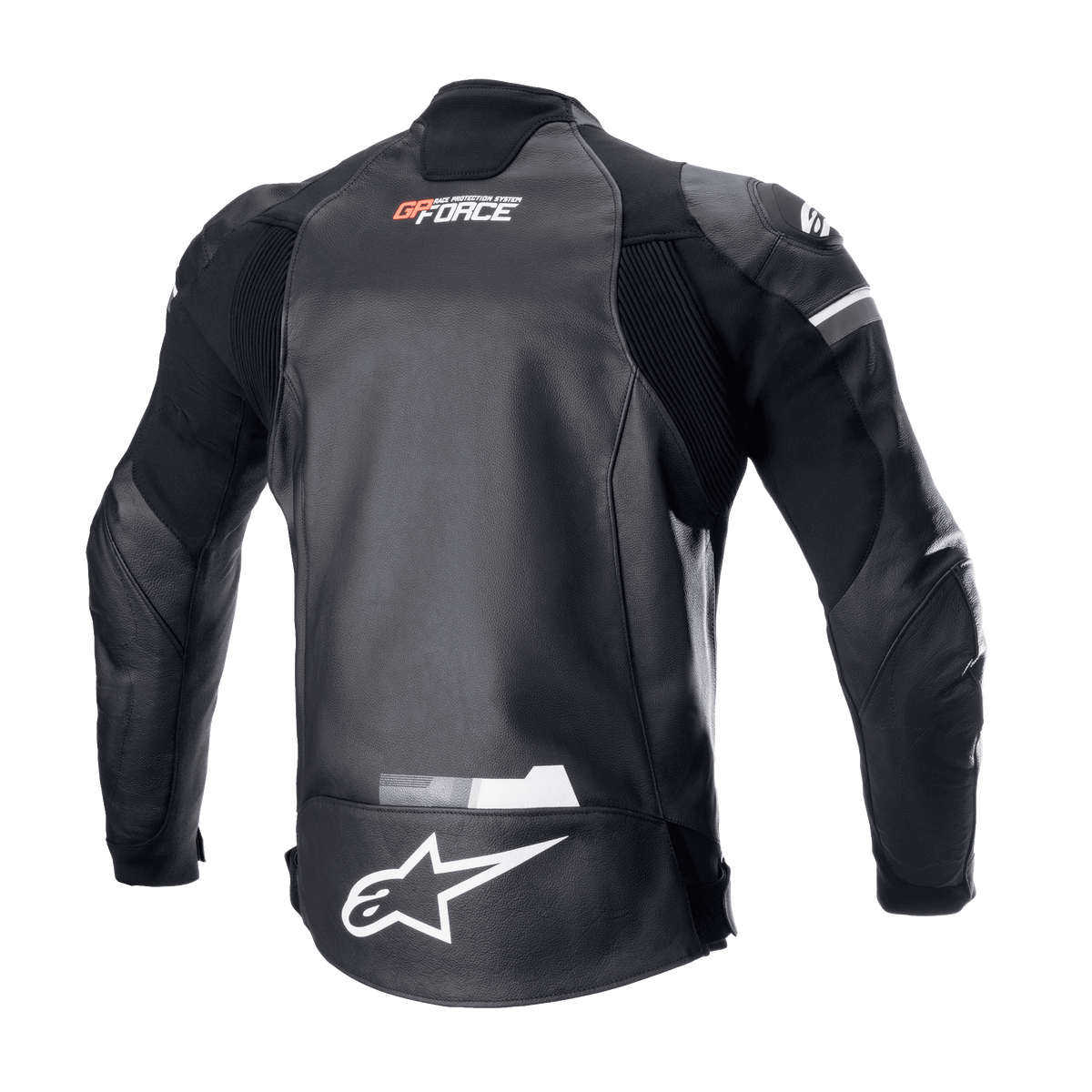 Veste en cuir Alpinestars GP Force, noire, vue arrière avec logo Alpinestars blanc sur le bas du dos et marquage GP Force sur le haut du dos, panneaux extensibles en accordéon et construction en cuir de bovin durable pour la course sur route