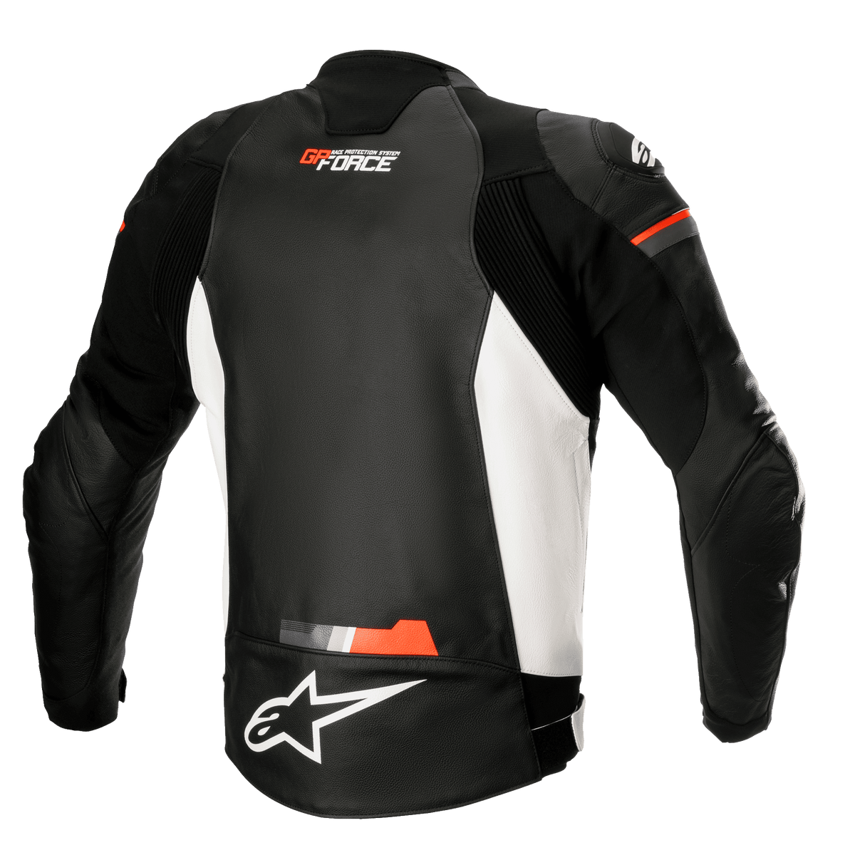 Veste en cuir Alpinestars GP Force, veste de moto en cuir, noir, blanc et rouge fluo, vue arrière avec panneaux latéraux blancs et détails rouge fluo, logos GP Force et Alpinestars, design sportif en cuir avec panneaux extensibles en accordéon