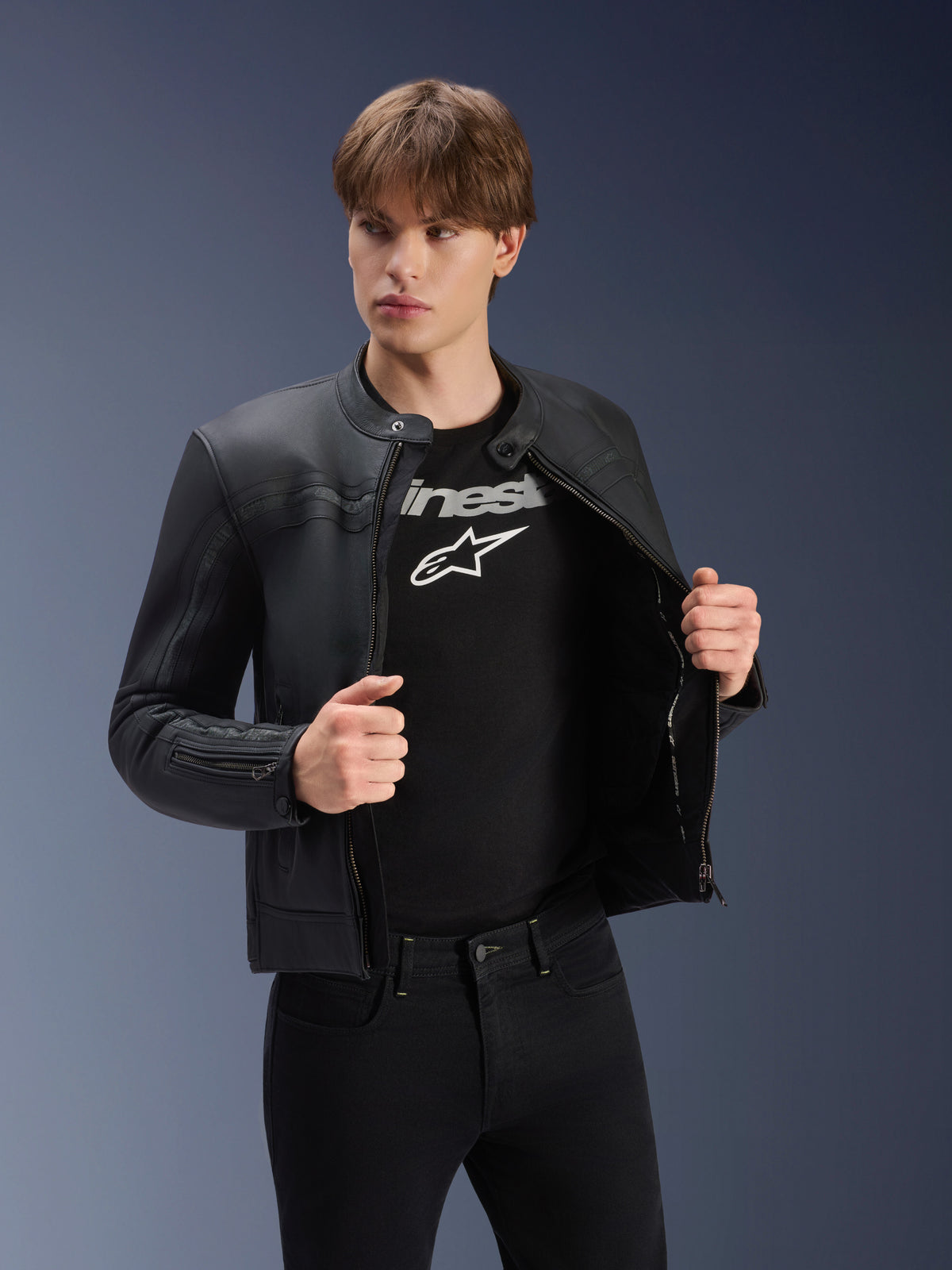 Alpinestars Dyno Leather Jacket, Black, urban bovine leather motorcycle jacket, CE Certified, Tech-Air Ready, on model.