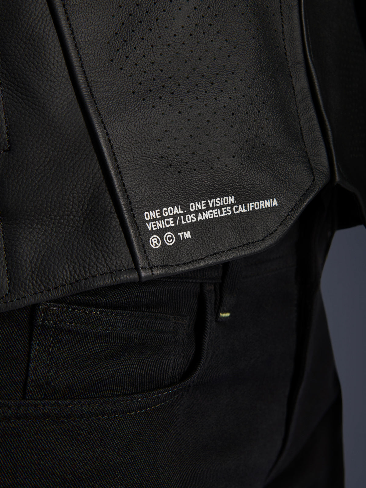 Gros plan sur la veste en cuir Alpinestars Atem V5 en noir, présentant le panneau inférieur du dos avec le marquage « ONE GOAL. ONE VISION. VENICE / LOS ANGELES CALIFORNIA » et une texture en cuir perforé.