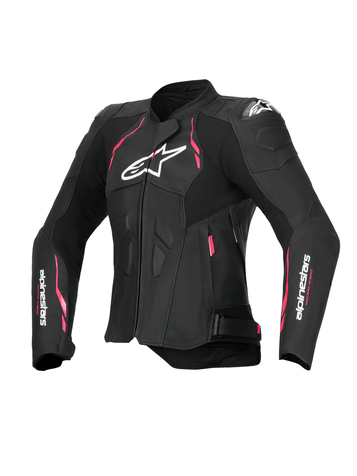 Alpinestars Veste En Cuir Stella Dusk, blouson de moto pour femme, noire avec des accents rose vif et blancs, certifiée CE classe AA avec protection d'épaule DFS