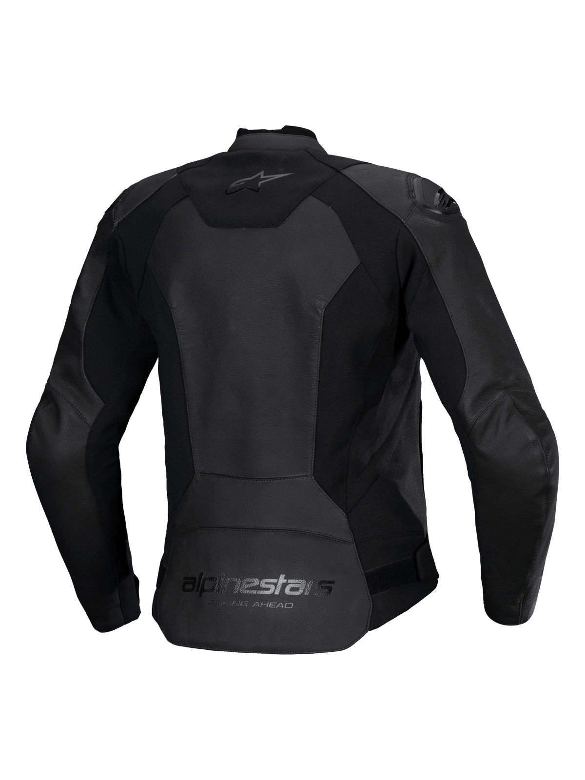 Blouson en cuir Alpinestars Stella Faster V3 pour femme, blouson de moto en cuir, noir, vue de dos présentant le marquage Alpinestars sur le haut et le bas du dos, empiècements extensibles pour la mobilité et partie arrière allongée pour une meilleure couverture.