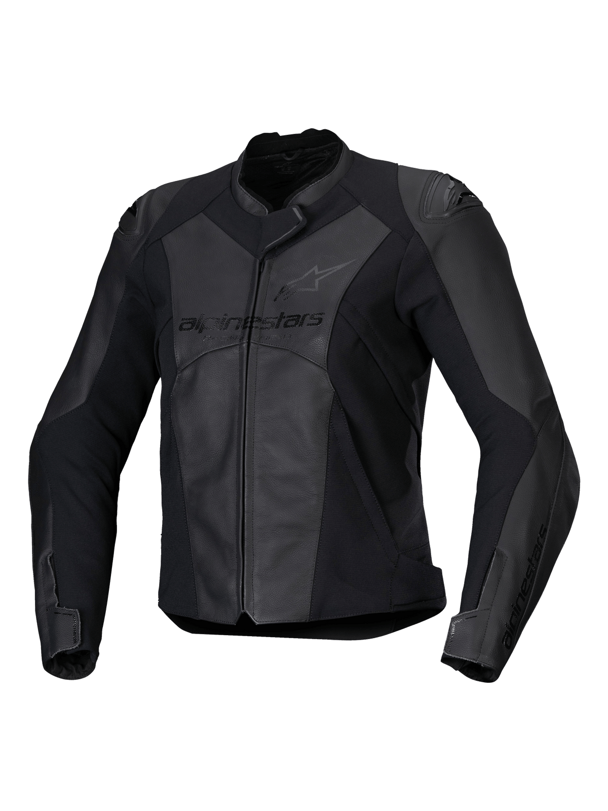 Alpinestars Stella Faster V3, blouson de moto sportif en cuir pour femme, noir et gris foncé, construction en cuir premium et textile avec panneaux extensibles HRSF, protection certifiée CE, col haut avec fermeture éclair frontale, coupe ajustée dérivée de la course