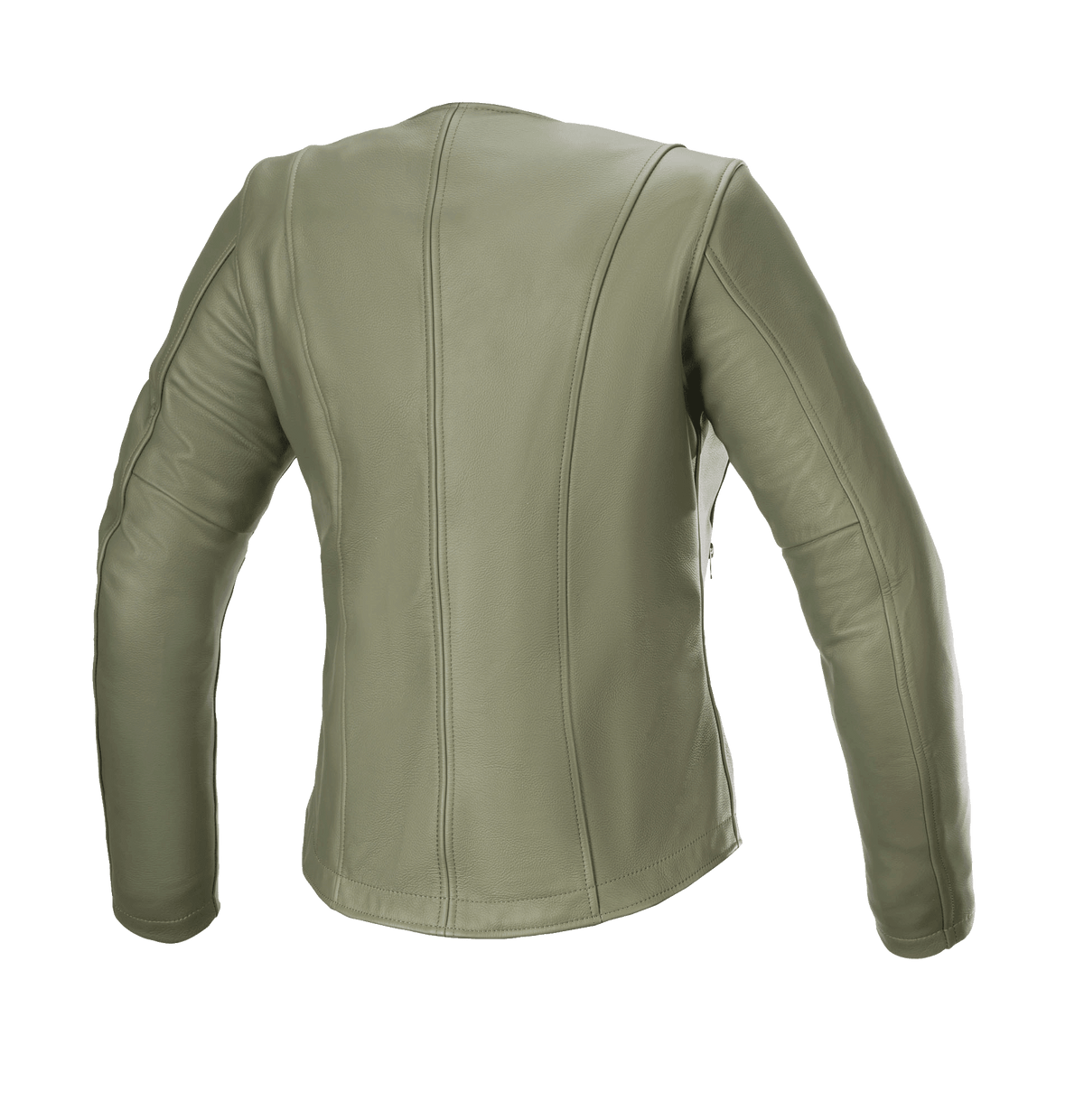 Veste en cuir Alpinestars Alice pour femme, vert militaire, vue de dos, veste de moto en cuir premium avec des surpiqûres verticales profilées élégantes et des manches pré-courbées pour une coupe urbaine féminine.