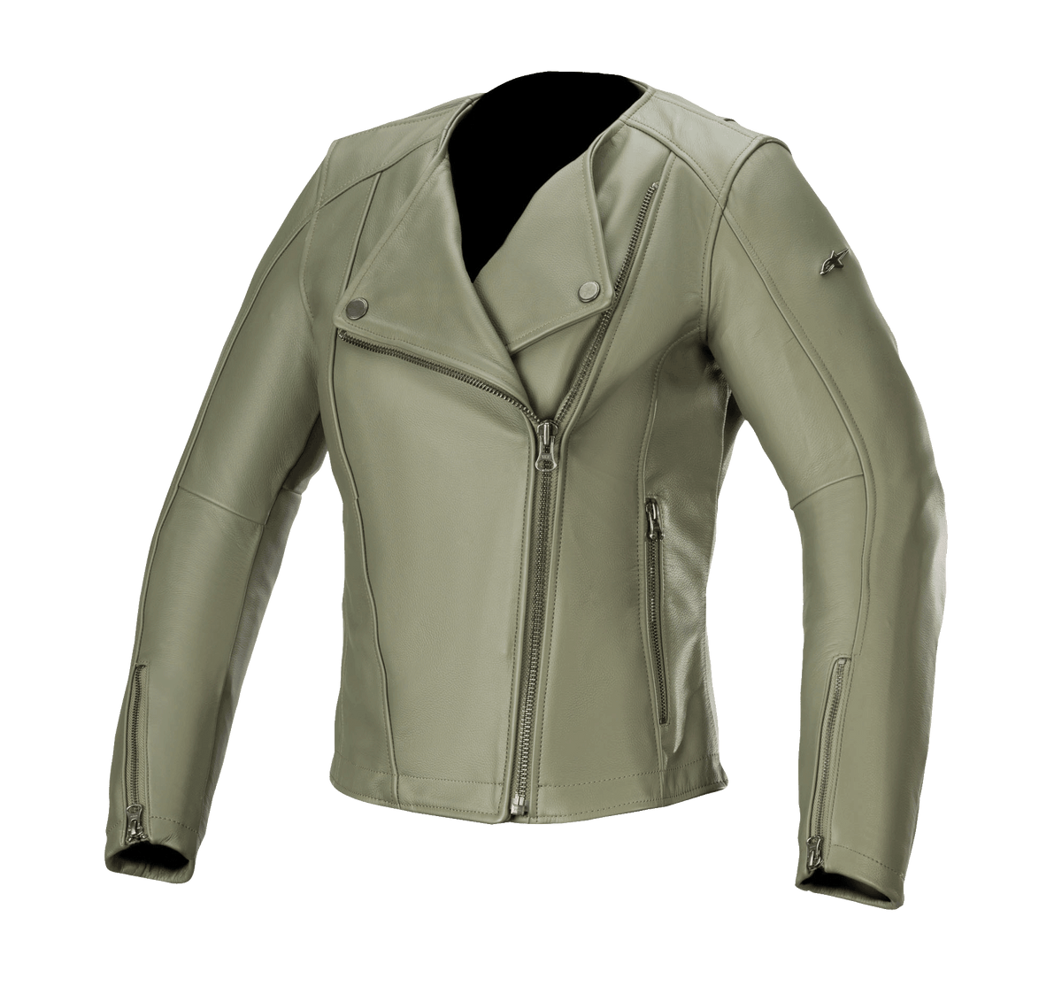 Veste en cuir Alpinestars Alice pour femme, vert militaire, veste de moto en cuir avec fermeture éclair frontale asymétrique, col à boutons-pression, poignets zippés, confection en cuir de bovin premium, coupe féminine ajustée pour la conduite urbaine