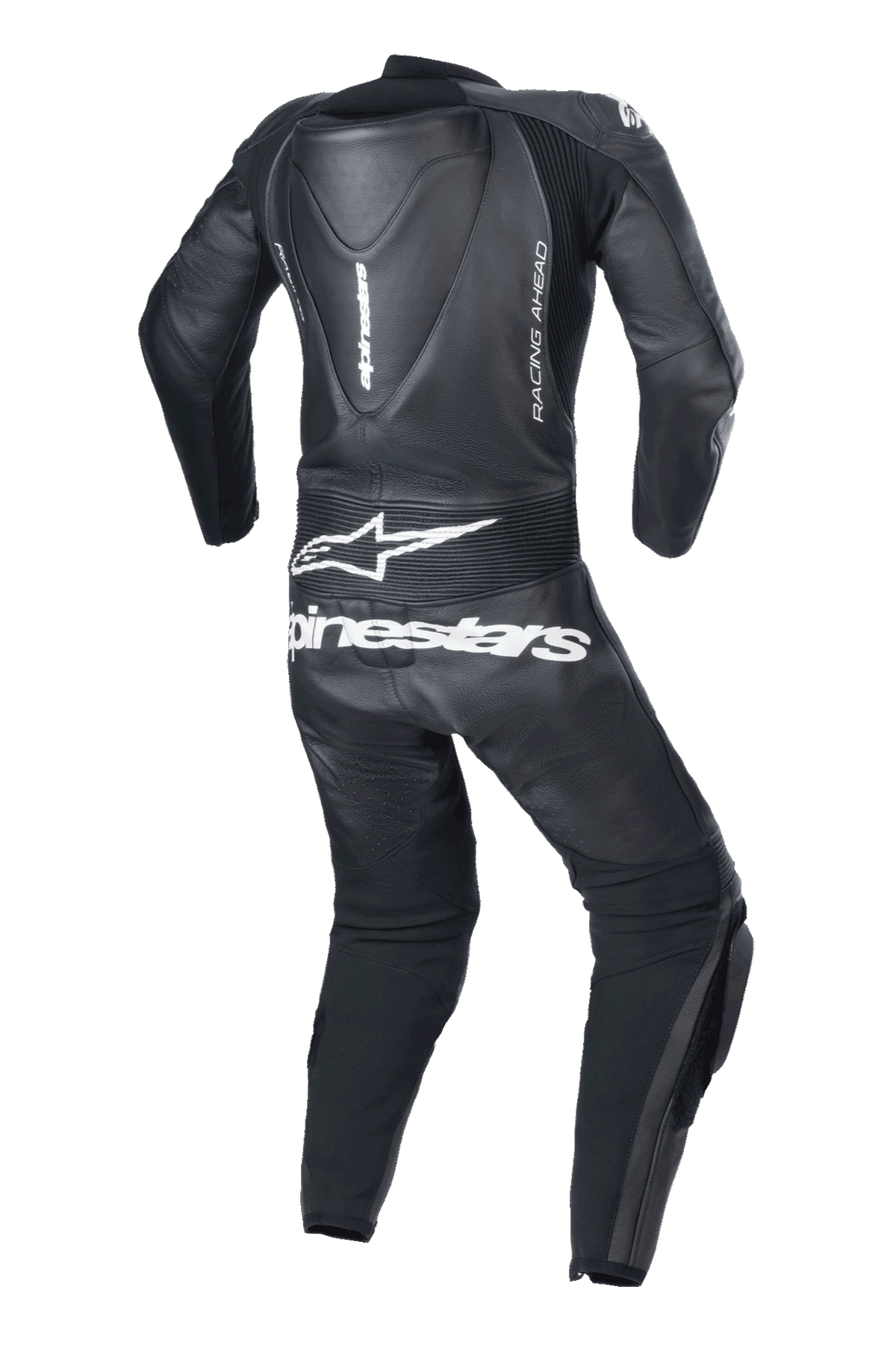 Combinaison en cuir 1 pièce Alpinestars Youth GP Plus V2, noir, vue de dos avec bosse aérodynamique, logo et texte Alpinestars blancs sur le bas du dos, marquage latéral 'RACING AHEAD' et panneaux stretch en accordéon pour la mobilité.