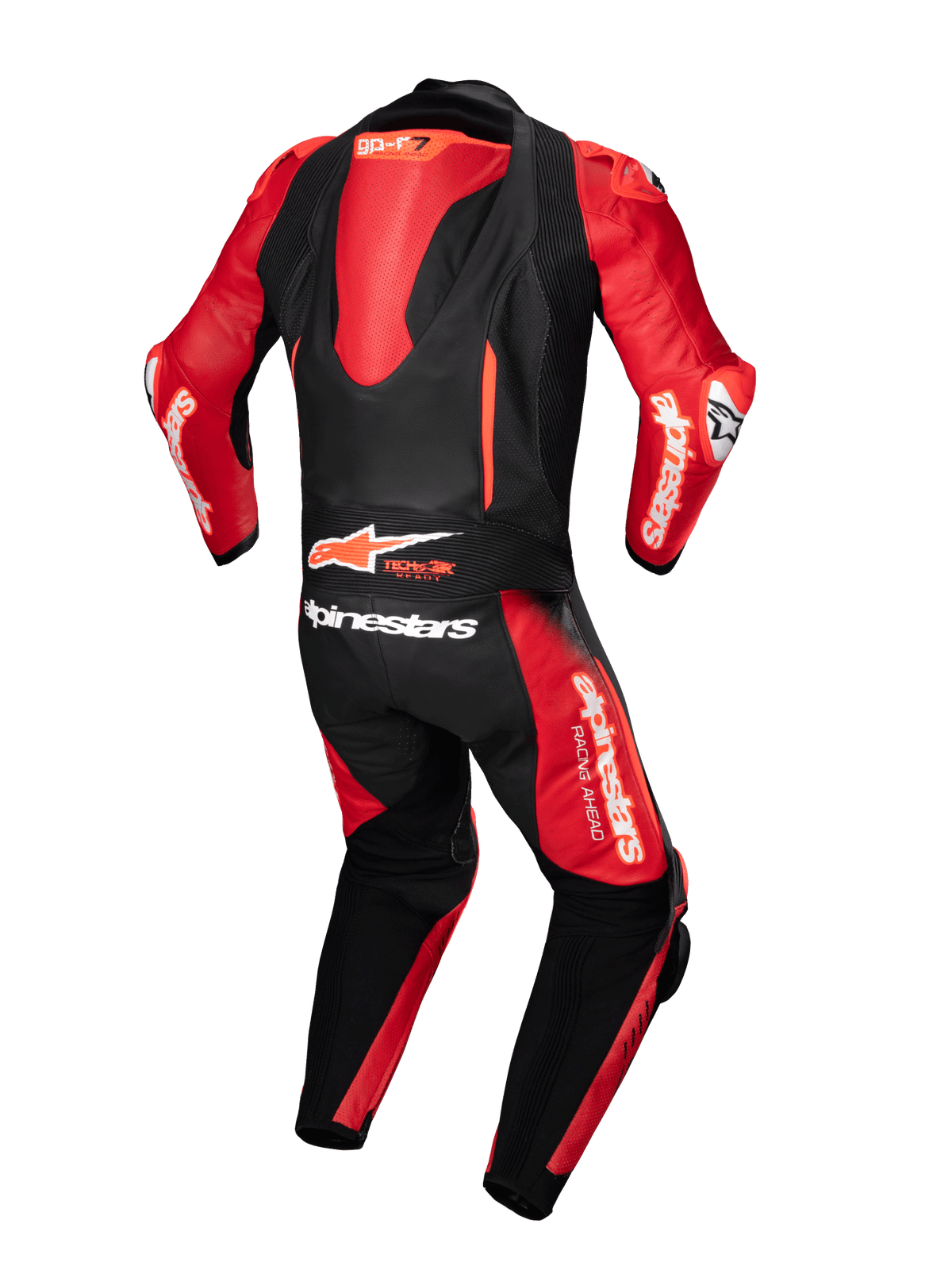 Combinaison en cuir Alpinestars GP-R7 1 pièce, tenue de course noire et rouge avec bosse aérodynamique et logo Tech-Air Ready.