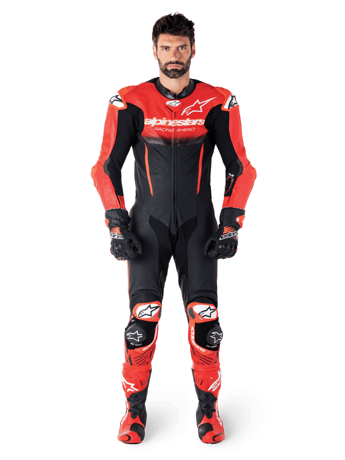 Alpinestars GP-R7, combinaison en cuir pour homme, noire et rouge, cuir bovin premium et coupe racing, vue de face sur mannequin.