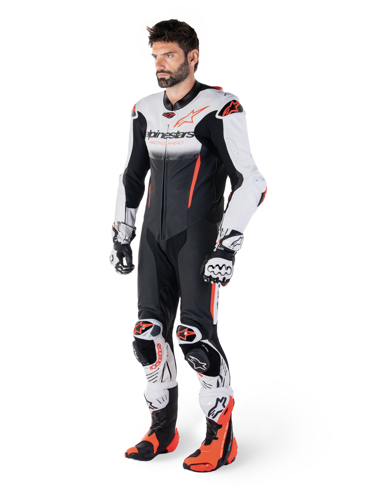 Alpinestars GP-R7 1-Piece Leather Suit, Motorcycle Racing Suit for Men, White and Black, Bovine Leather, CE-Certified AAA, Tech-Air Ready.