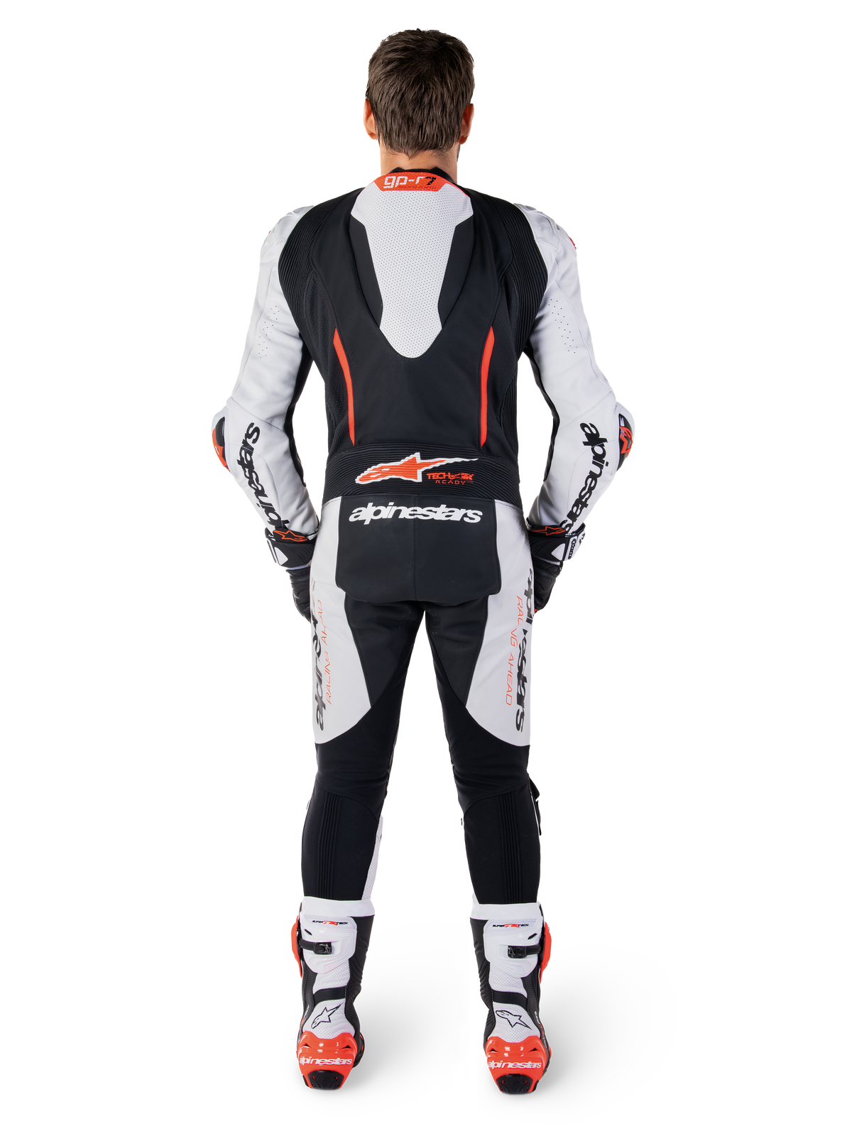 Alpinestars GP-R7 Leather Suit, White and Black one-piece motorcycle racing suit with aerodynamic hump and bovine leather.