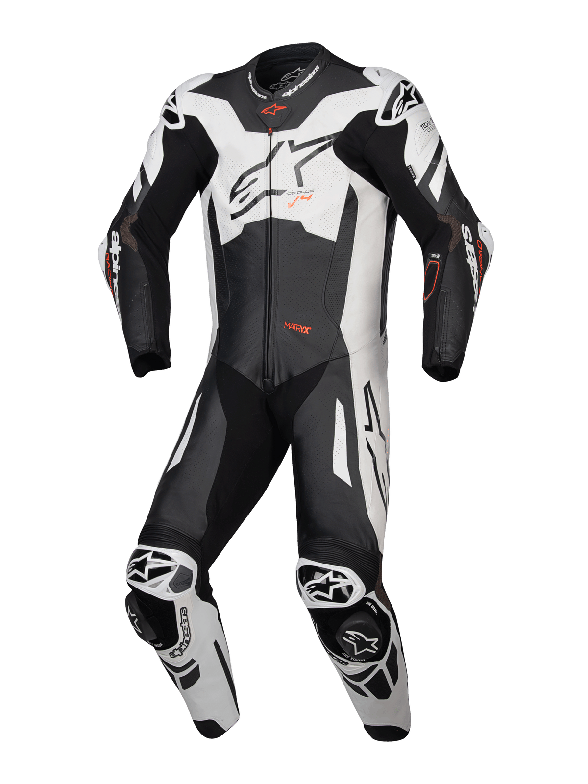 Alpinestars GP Plus V4 Sprint 1 pièce, combinaison noire et blanche avec détails rouge fluo, certifiée CE AAA et compatible Tech-Air.
