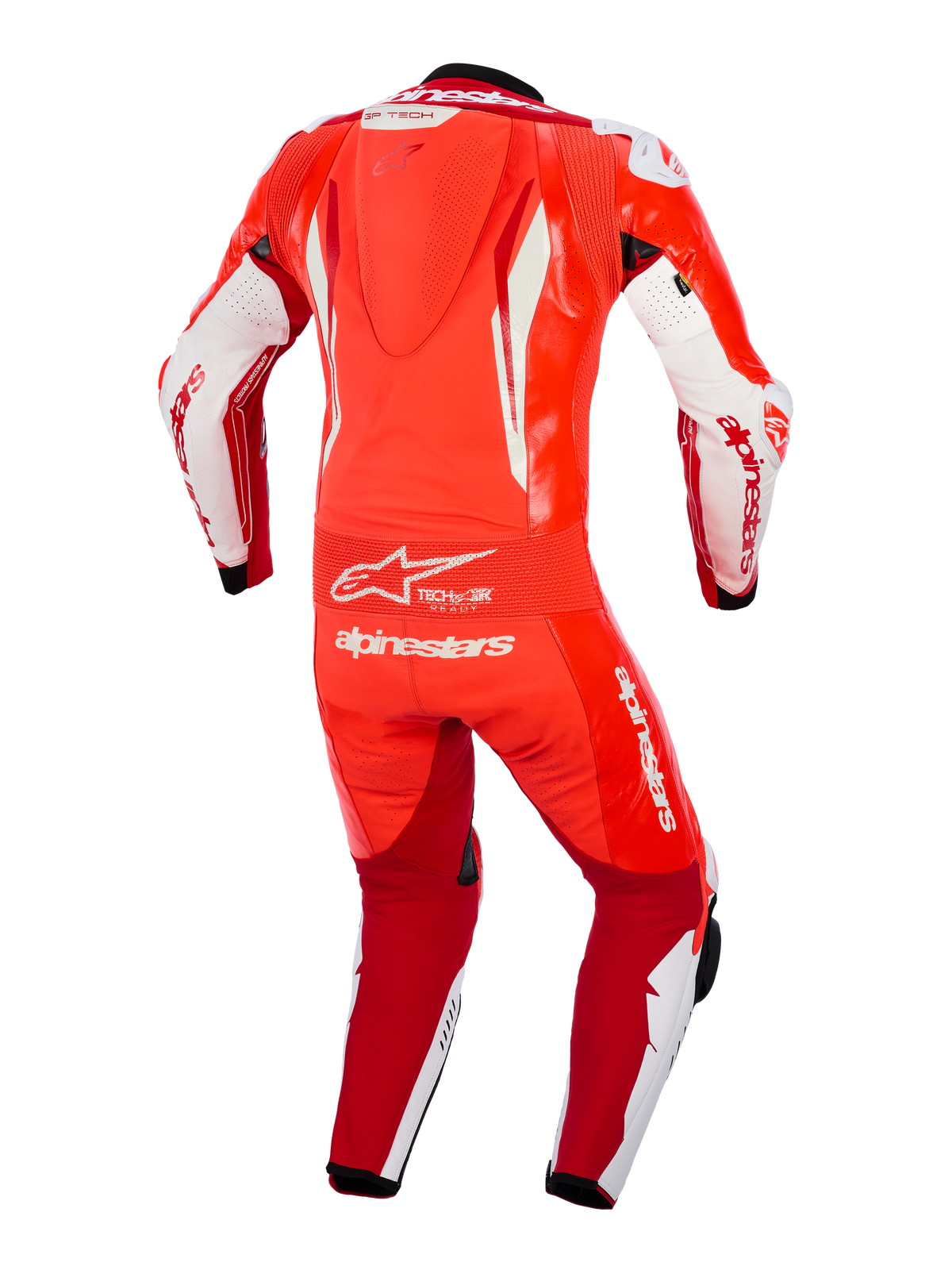 Combinaison en cuir Alpinestars GP Tech V5 une pièce, rouge fluo, rouge vif et blanc, vue arrière montrant la bosse aérodynamique, le panneau accordéon flexible à la taille et le logo Alpinestars blanc, équipement de course professionnel pour circuit.
