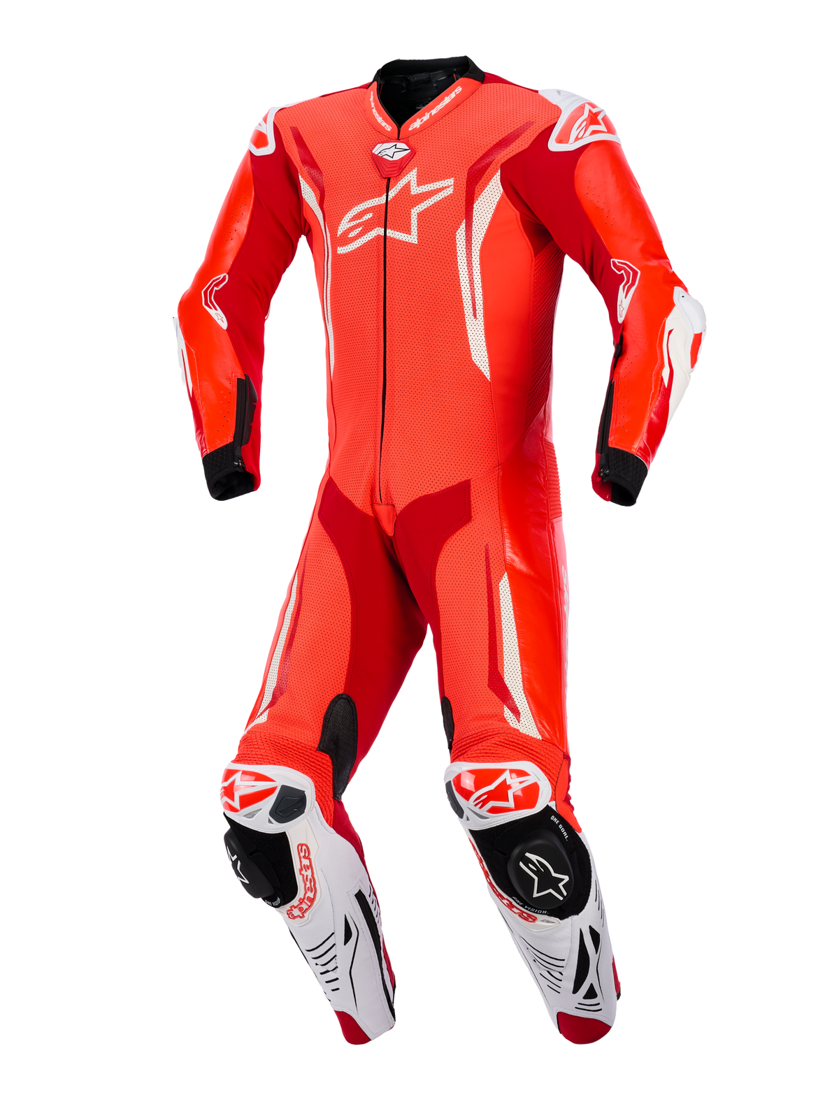 Combinaison en cuir une pièce Alpinestars GP Tech V5, rouge fluo, rouge vif et blanc, vue de face, combinaison de course moto professionnelle avec cuir perforé, détails aérodynamiques blancs et sliders de genou intégrés