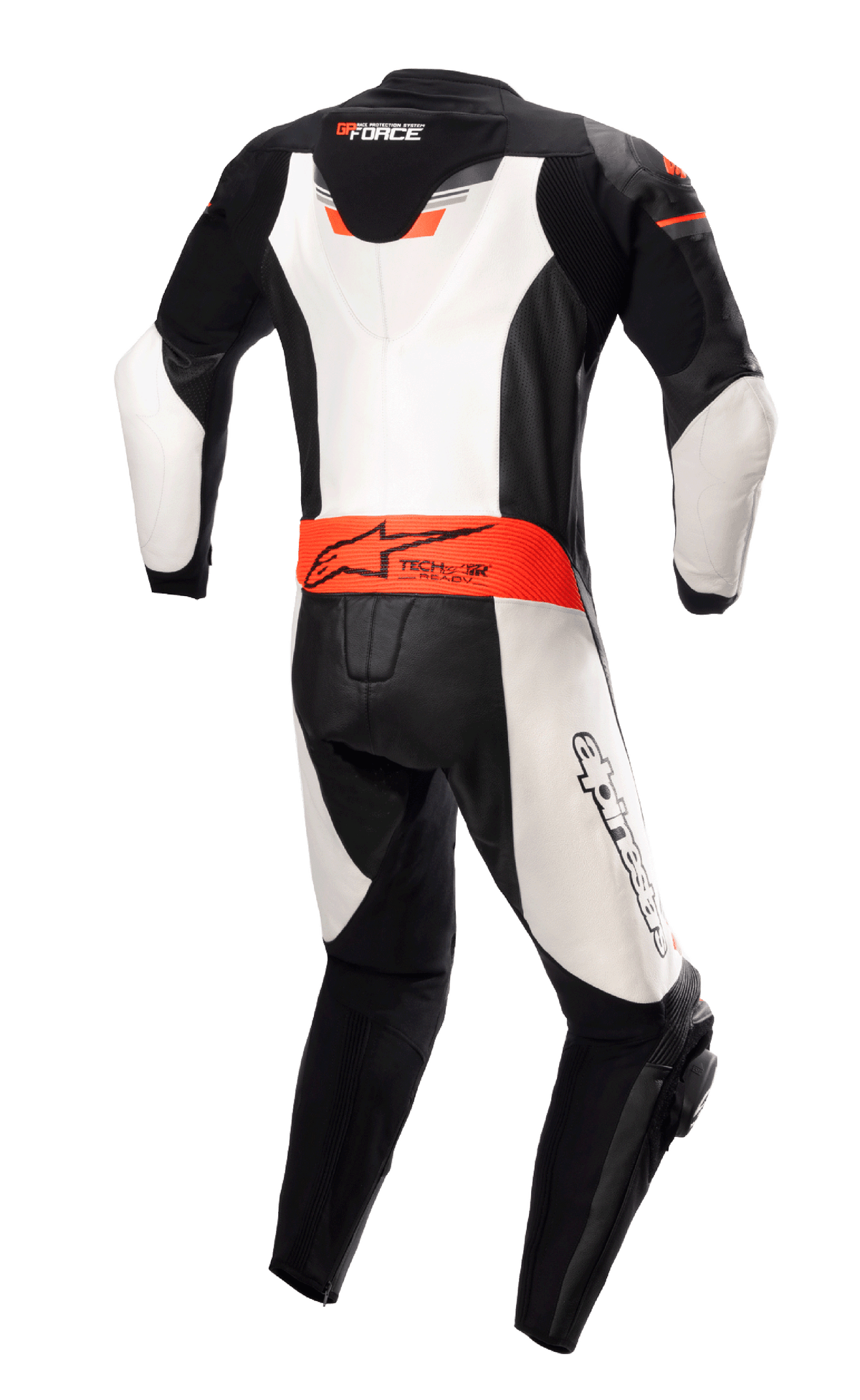 Alpinestars GP Force Chaser One Piece Leather Suit, Back View, Black White and Red Fluo, featuring an aerodynamic back hump, Tech-Air Ready branding on the waist, and white leather panels, professional bovine leather motorcycle racing suit