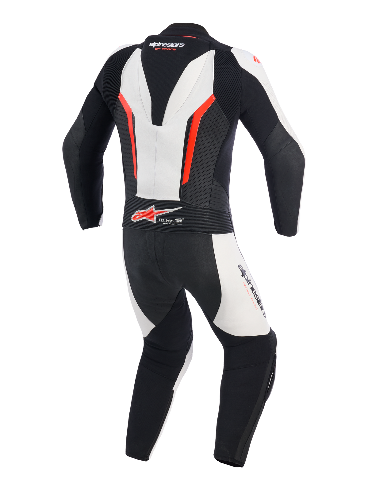 Combinaison en cuir Alpinestars GP Force V2 - 1 pièce, blanc, noir et rouge fluo, vue arrière montrant la bosse aérodynamique, les panneaux d'extension en cuir accordéon aux épaules et au bas du dos, les zones perforées pour la ventilation et le logo Tech-Air Ready, combinaison de course professionnelle pour la performance sur piste.