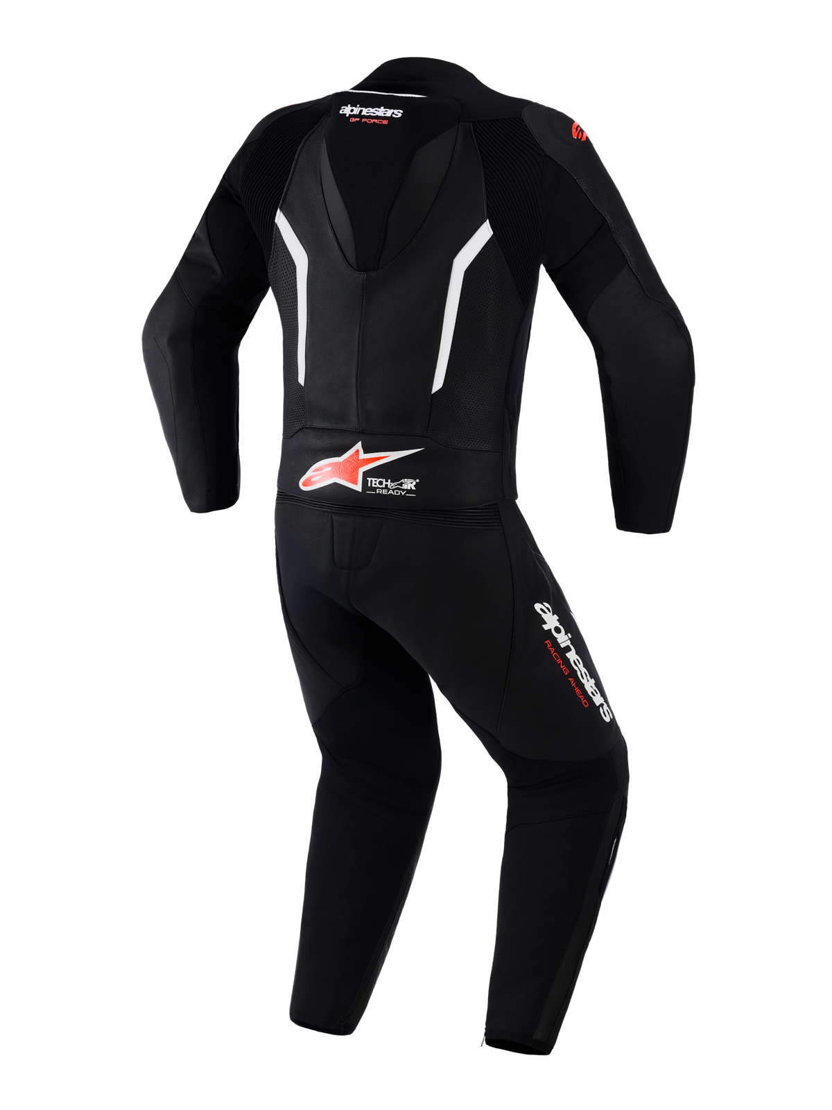 Alpinestars GP Force V2 Leather Suit 2-Piece, combinaison de course moto, noir, blanc et rouge fluo, vue arrière montrant la bosse aérodynamique, marquage Tech-Air Ready dans le bas du dos, panneaux en cuir perforé pour la ventilation, et logos Alpinestars sur les jambes et le cou.
