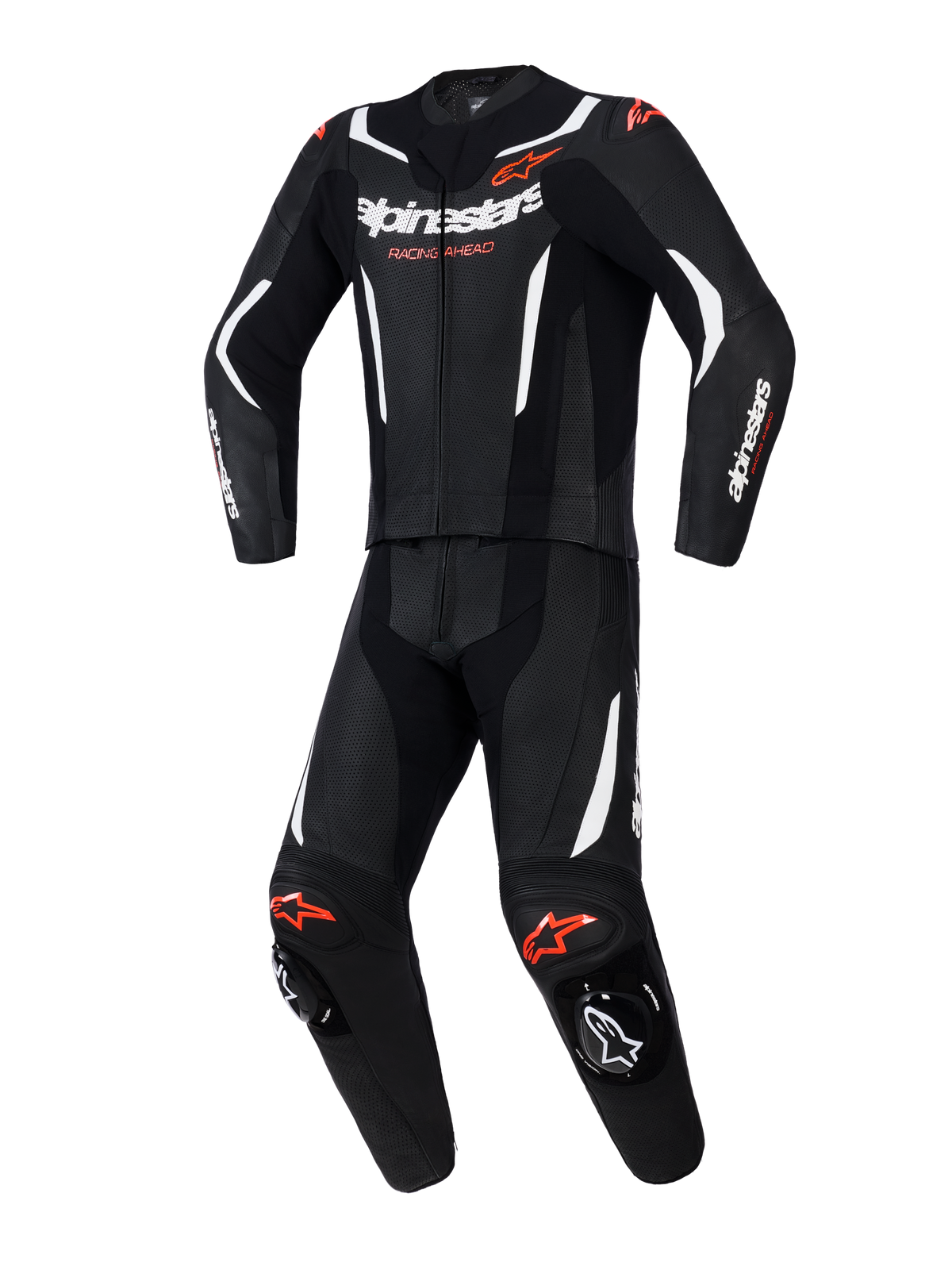 Alpinestars GP Force V2 2 pièces, combinaison de moto en cuir, noir avec accents blanc et rouge fluo, comprenant des panneaux en cuir perforé, des bandes blanches contrastées, des logos rouges et des sliders de genoux intégrés, équipement de pilotage sportif professionnel