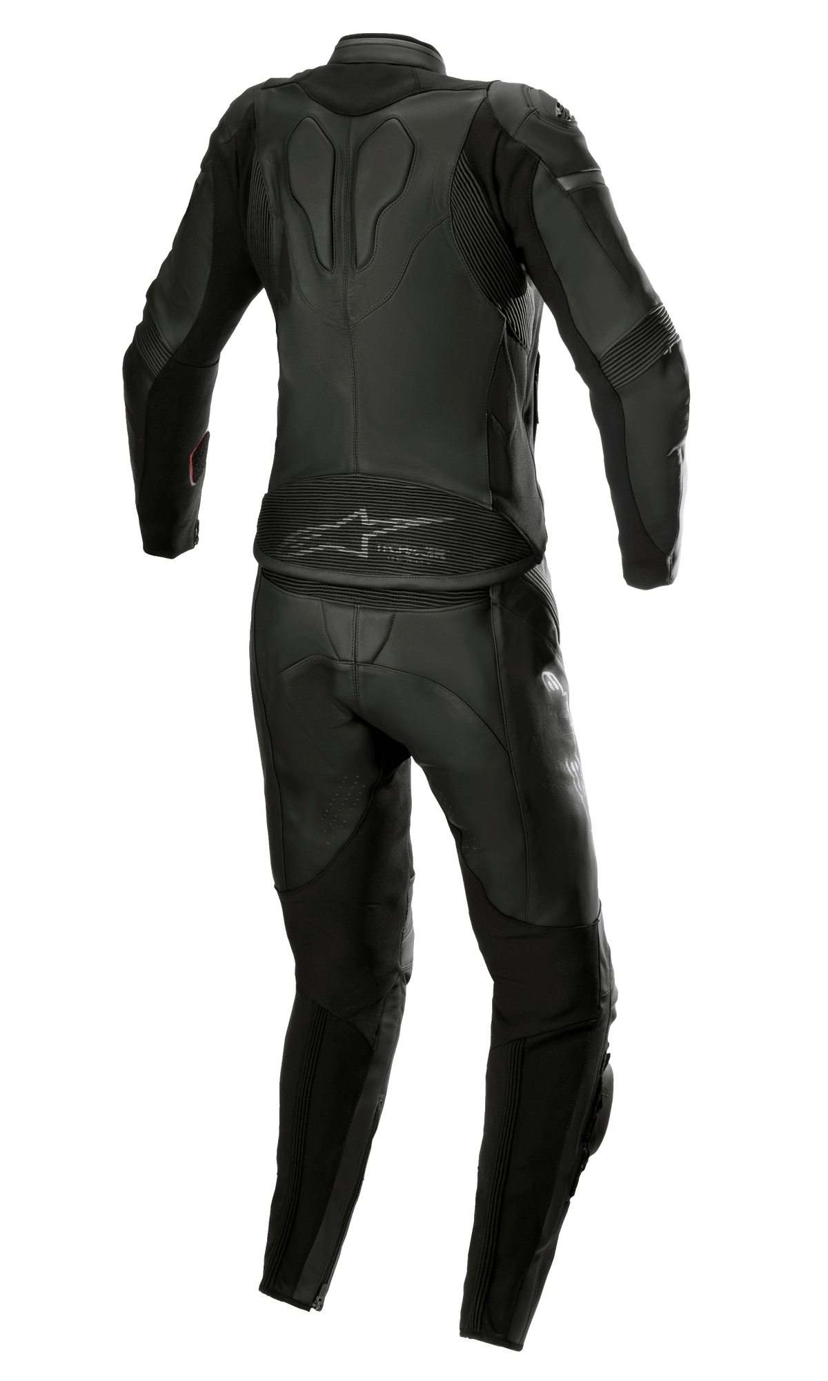 Combinaison en cuir 2 pièces Alpinestars Stella GP Plus pour femme, Noir Gris Métallique, vue arrière mettant en avant le design profilé avec panneaux extensibles en accordéon, construction protectrice en cuir et logo Alpinestars sur le bas du dos, coupe racing adaptée à la morphologie féminine.