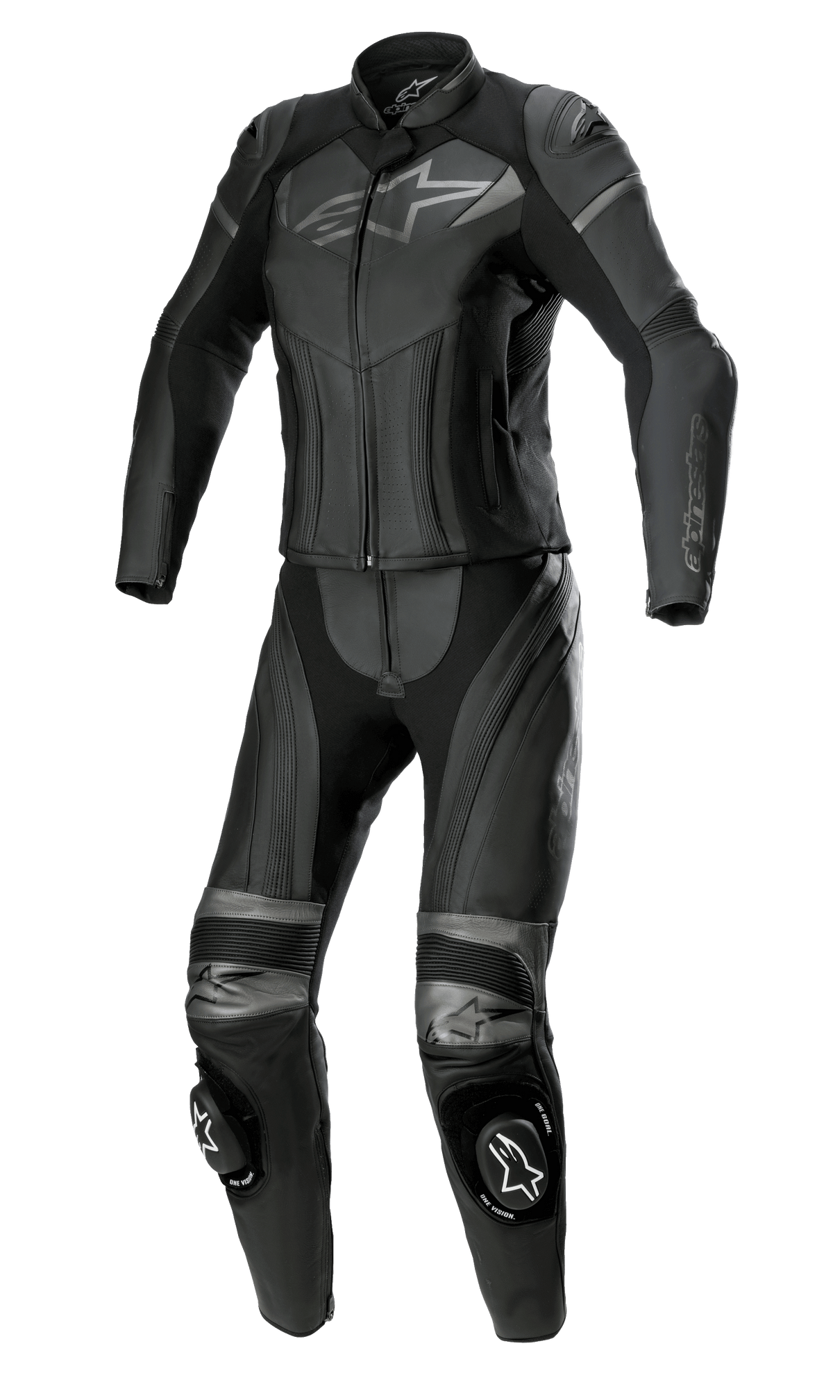 Combinaison en cuir 2 pièces Alpinestars Stella GP Plus pour femme, noir gris métallisé, avec logos Alpinestars gris sur la poitrine et les genoux, panneaux extensibles en cuir accordéon et sliders de genou, équipement de course professionnel conçu pour une coupe féminine spécifique