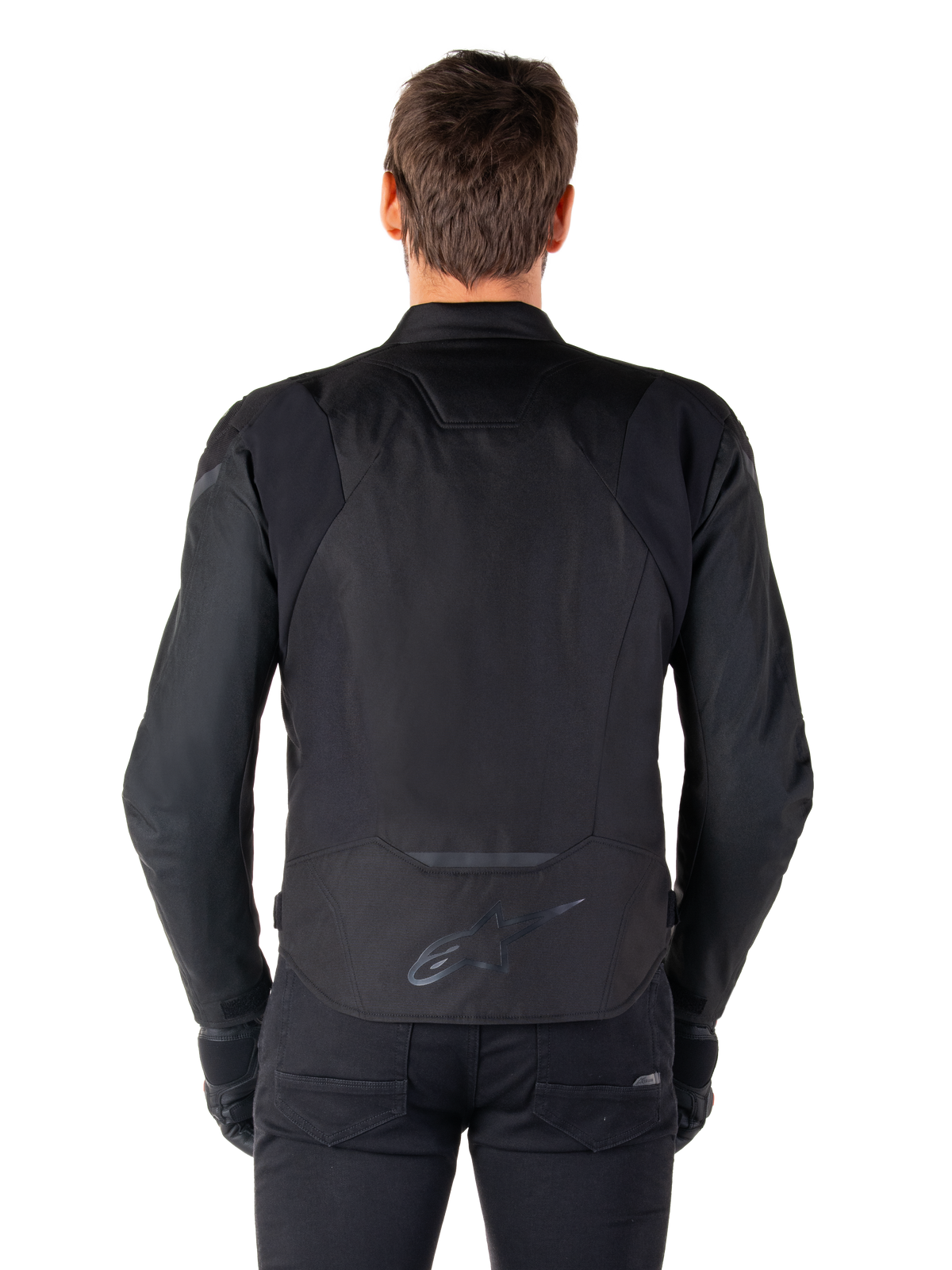 Veste imperméable Alpinestars T-Jaws V4, veste de moto en textile, Noir noir, vue arrière montrant le logo Alpinestars sur le bas du dos, coupe sport pour la conduite sur route