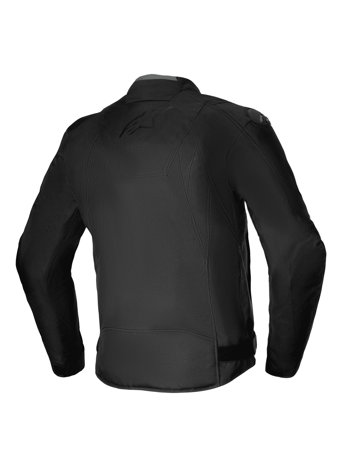 Alpinestars T-SP 1 V2 Waterproof Jacket, Textile Motorcycle Jacket, Black, rear view showcasing 3D sport silhouette, DFS Lite shoulder sliders, and subtle tonal branding on back, durable all-weather riding gear