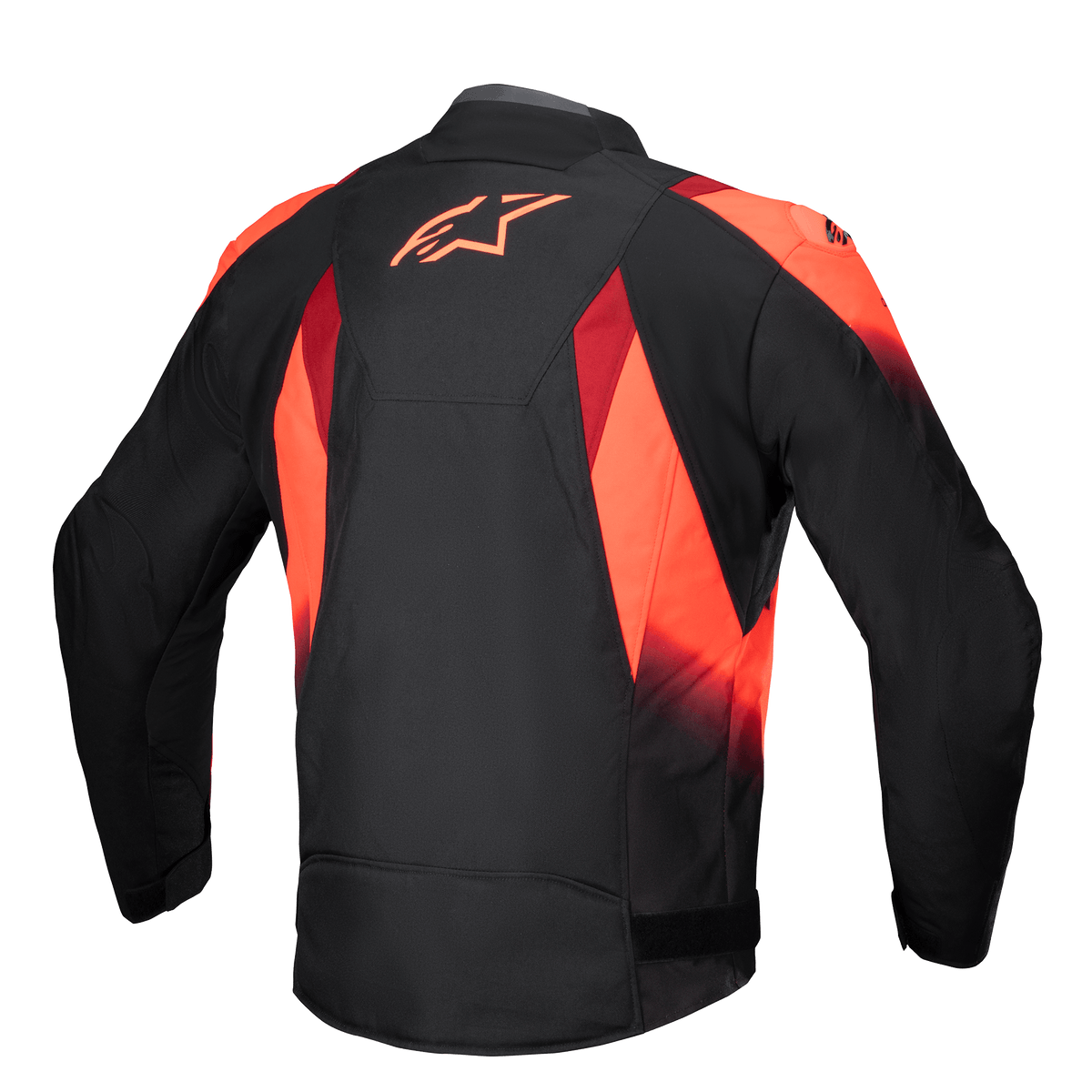 Veste Alpinestars T-SP 1 V2 Waterproof, vue arrière, Noir et Rouge Fluo, veste de moto en textile avec un logo Astars rouge imposant sur le haut du dos, graphismes sublimés et silhouette sportive ajustée