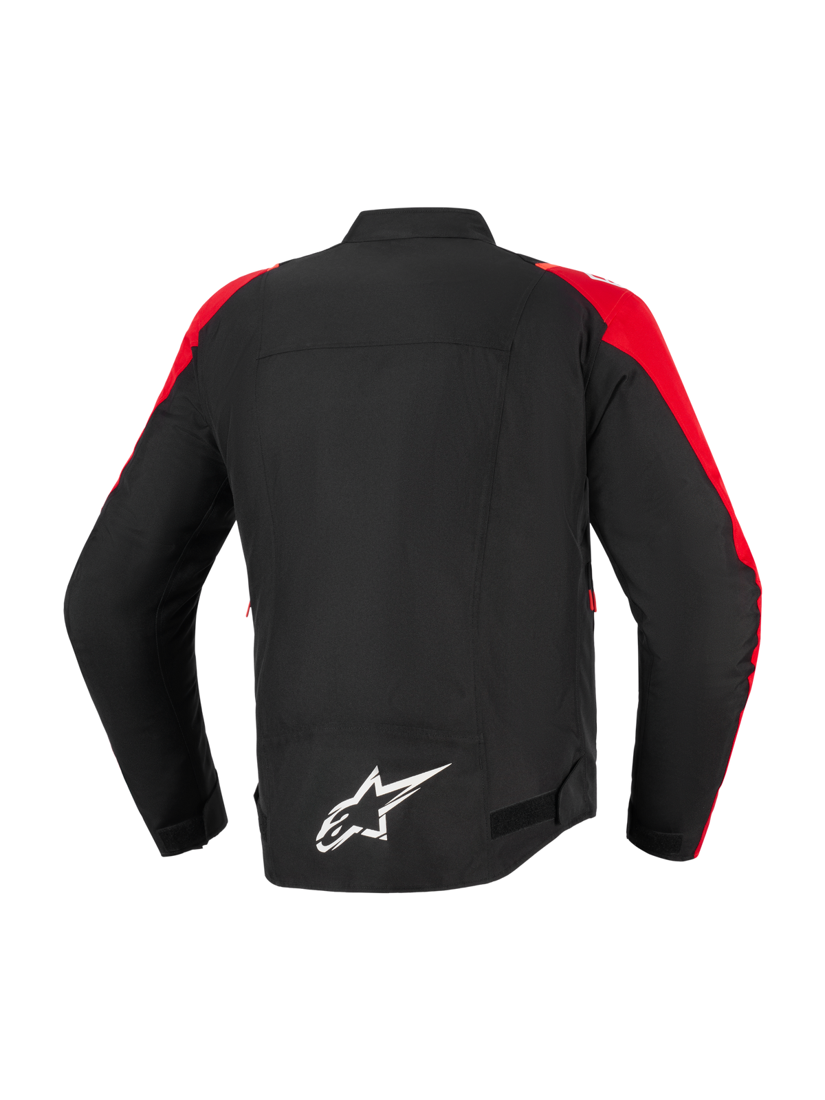 Veste imperméable Alpinestars T-SPS V2, veste de moto, noire avec accents rouges, vue de dos présentant un logo Alpinestars blanc en bas du dos, design textile coupe sport pour la conduite urbaine et routière