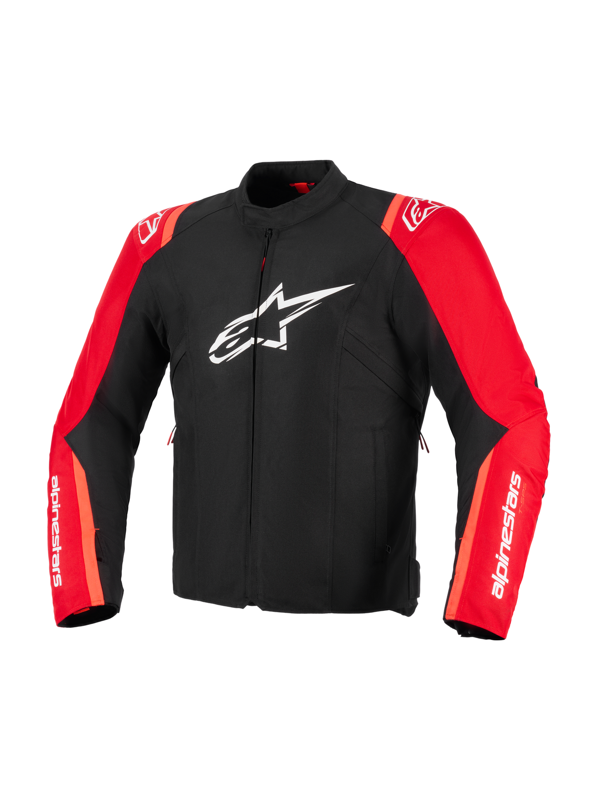 Veste imperméable Alpinestars T-SPS V2, veste de moto en textile, noir et rouge fluo, avec logo étoile Alpinestars blanc sur la poitrine et marquage blanc sur les manches, coupe sportive au design inspiré de la course