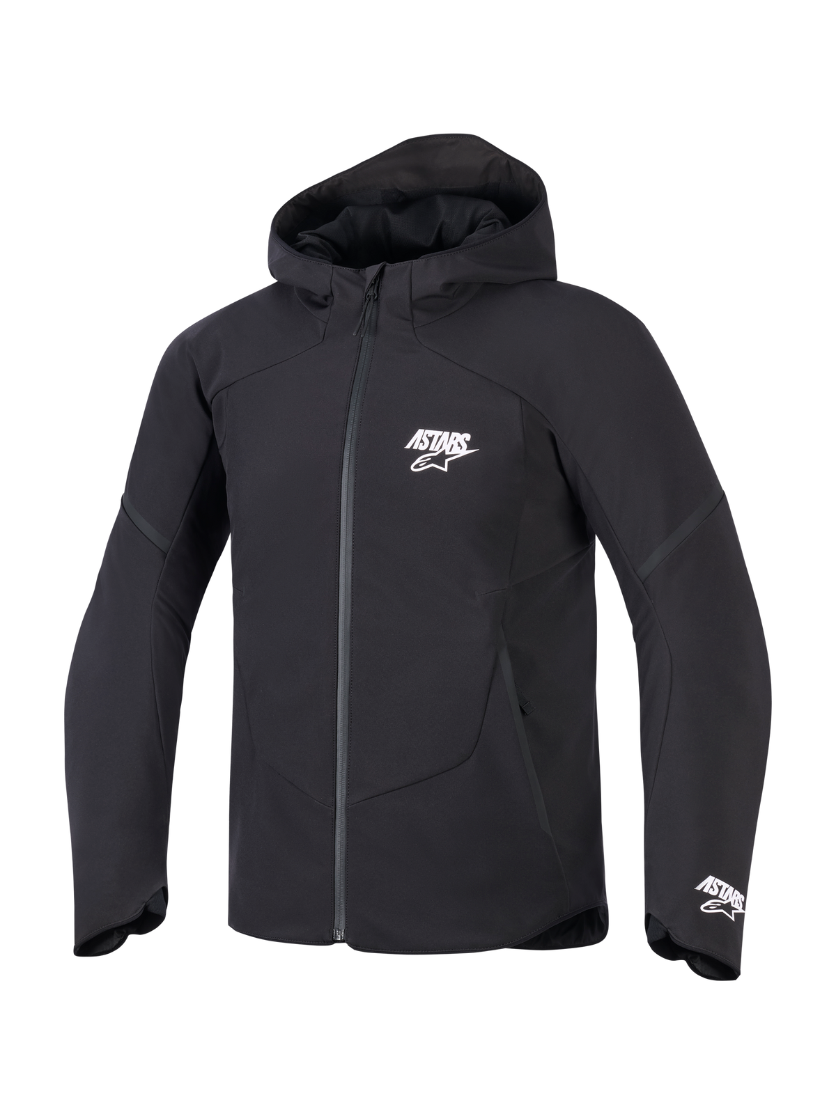 Alpinestars Aeroshell Waterproof Jacket, black men's hooded softshell motorcycle jacket with white ASTARS branding.